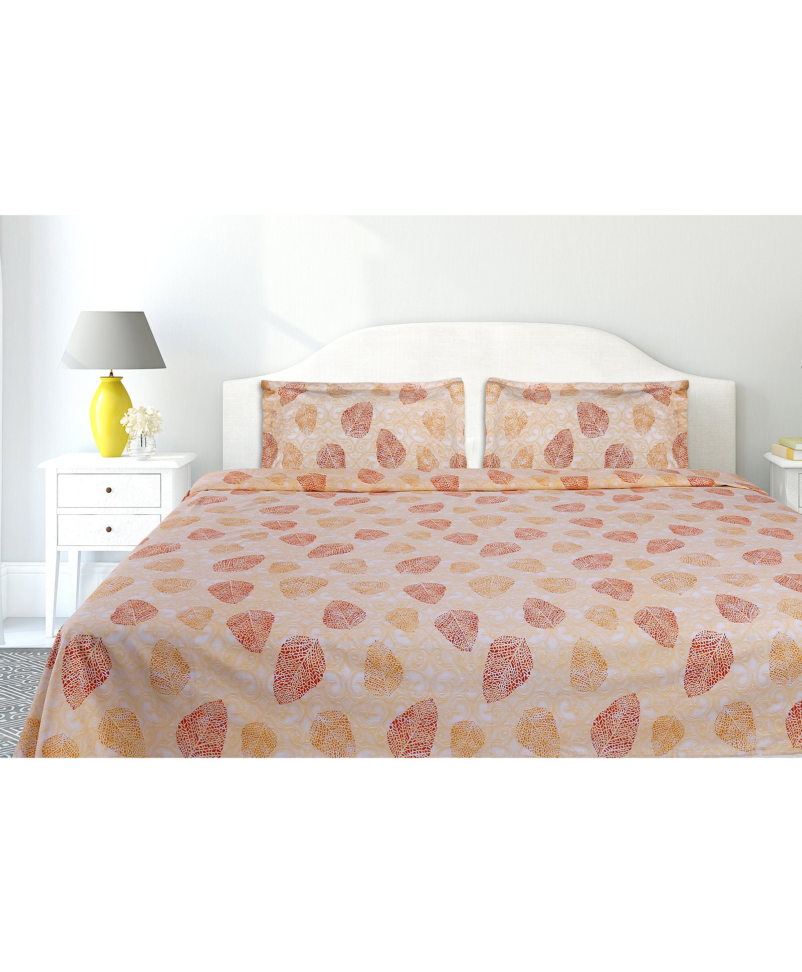 Haus Kinder Leaves Block Print Cotton Double Bedsheet With 2