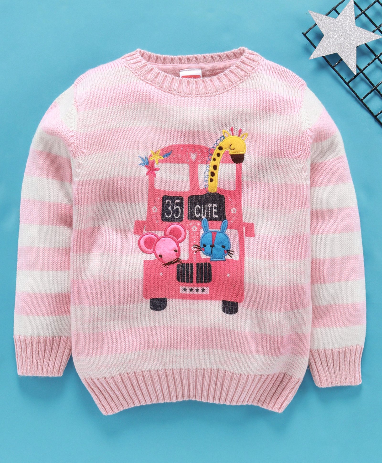 Babyhug Full Sleeves Striped Sweater Animal Patch - Pink-image-31