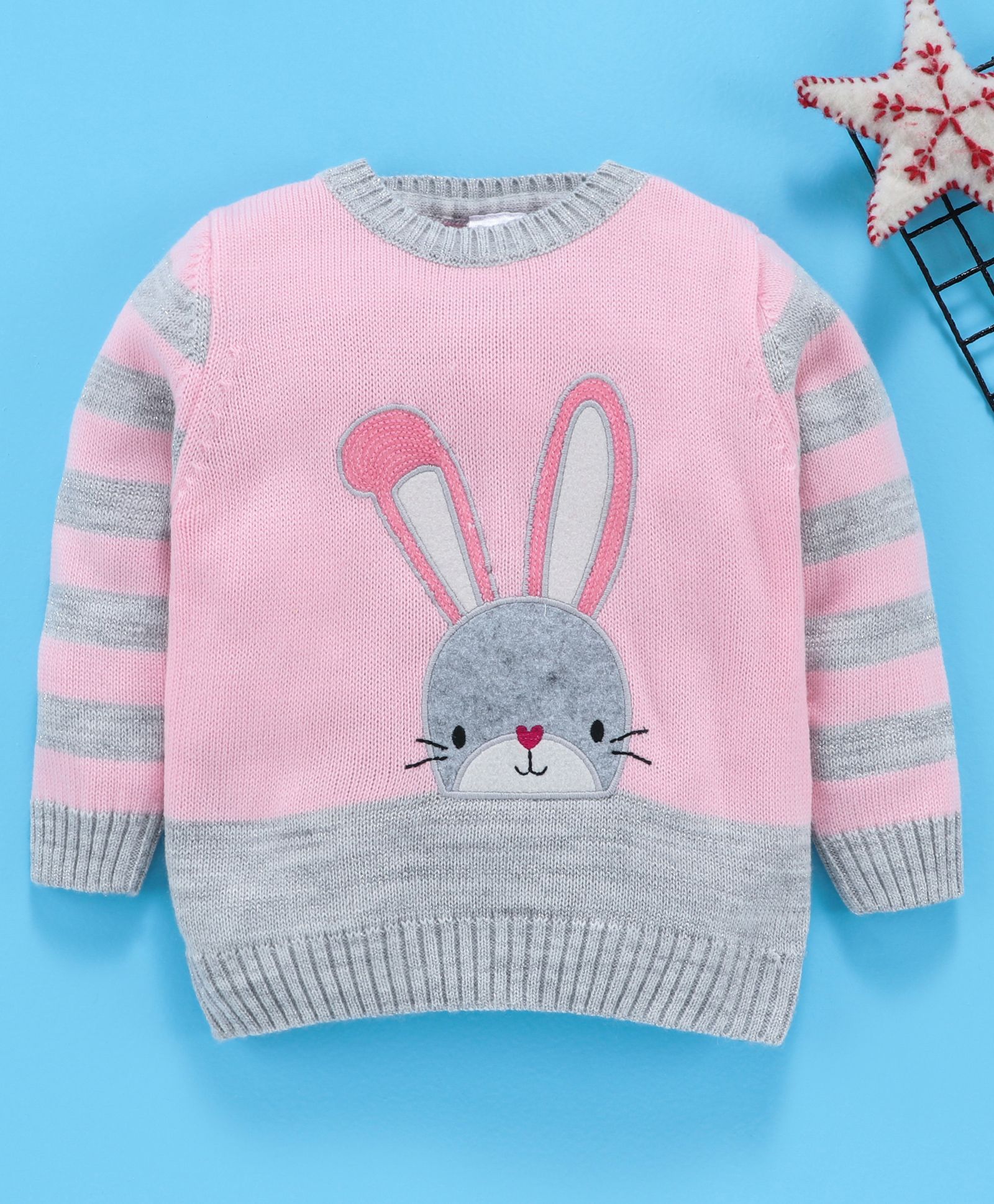 Babyhug Full Sleeves Winter Wear Sweater Bunny Patch - Pink-image-38