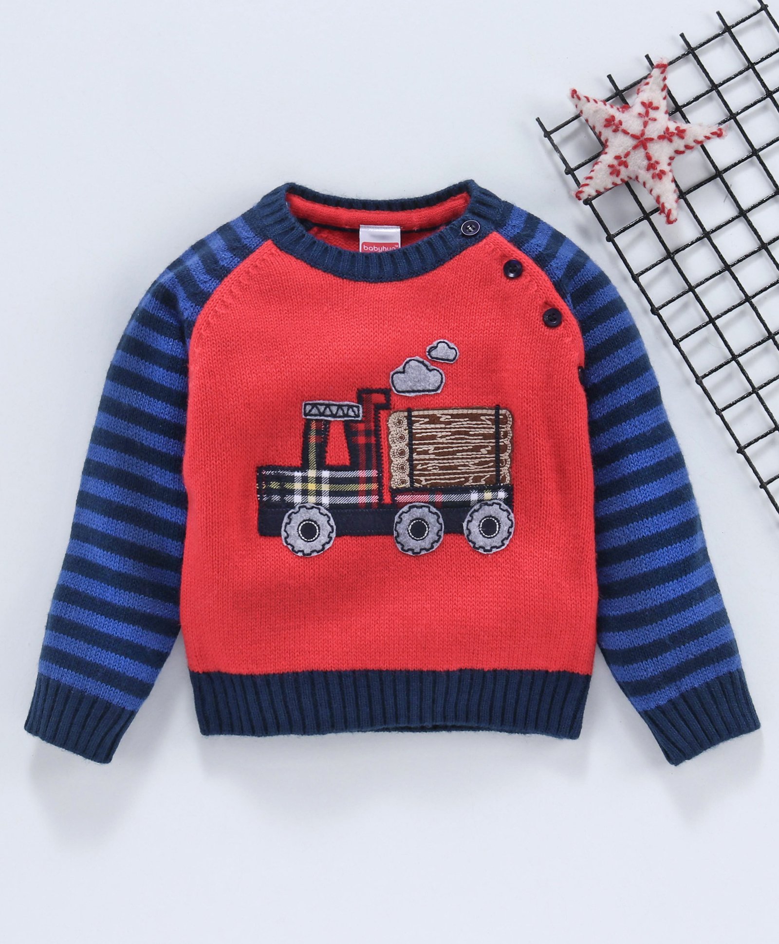 Babyhug Full Sleeves Sweater Truck Patch - Red Blue-image-34
