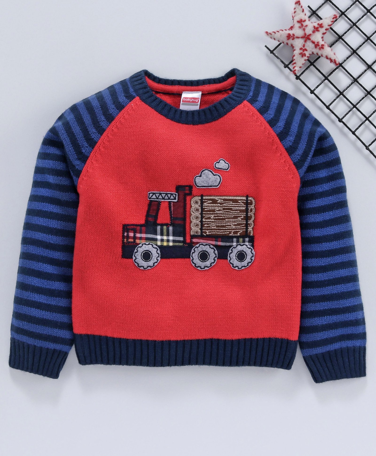 Babyhug Full Sleeves Sweater Truck Patch - Red Blue-image-36