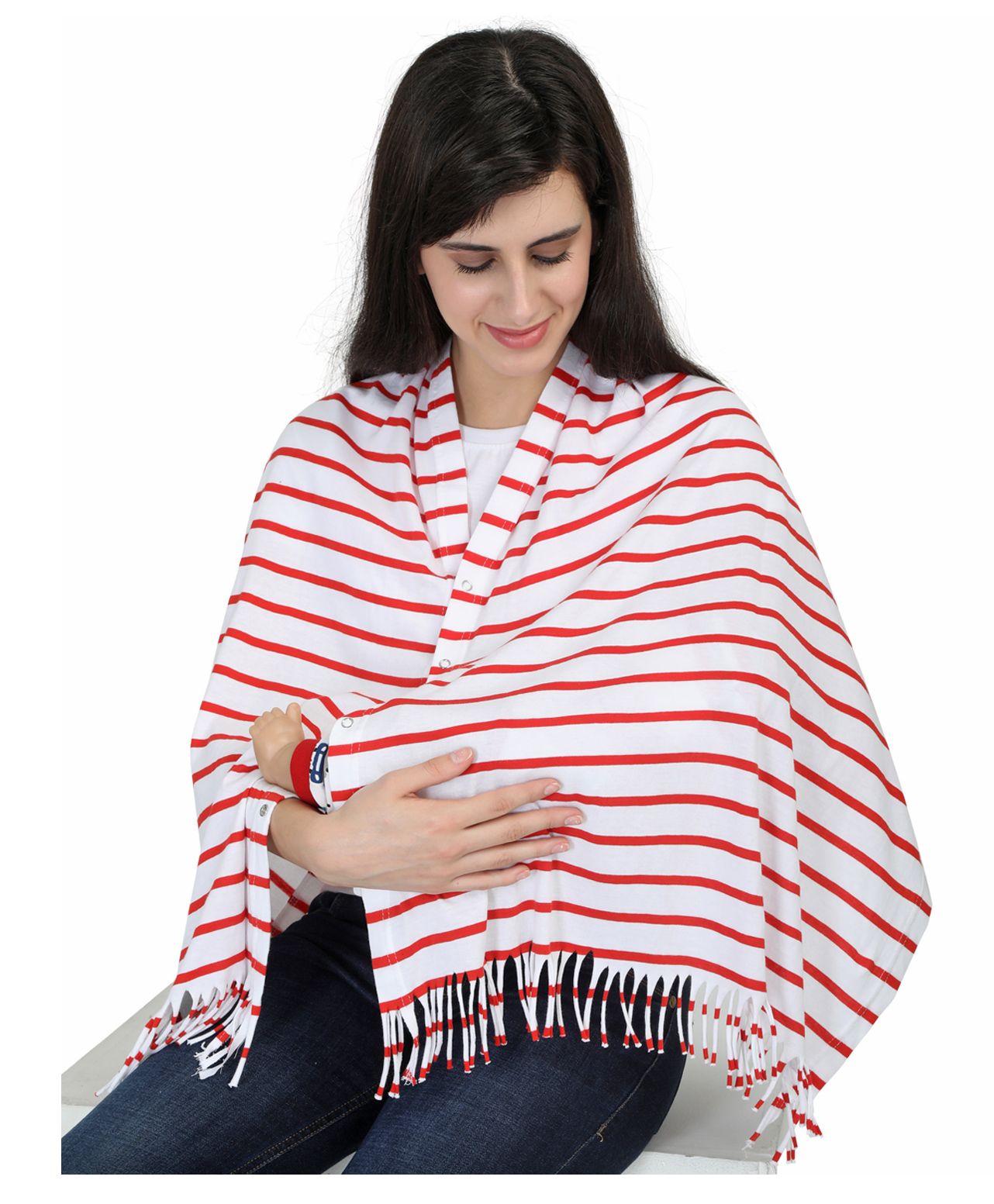 Lulamom Multi Purpose Breast Feeding Nursing Shawl With Multi Stripes - Red White-image-35