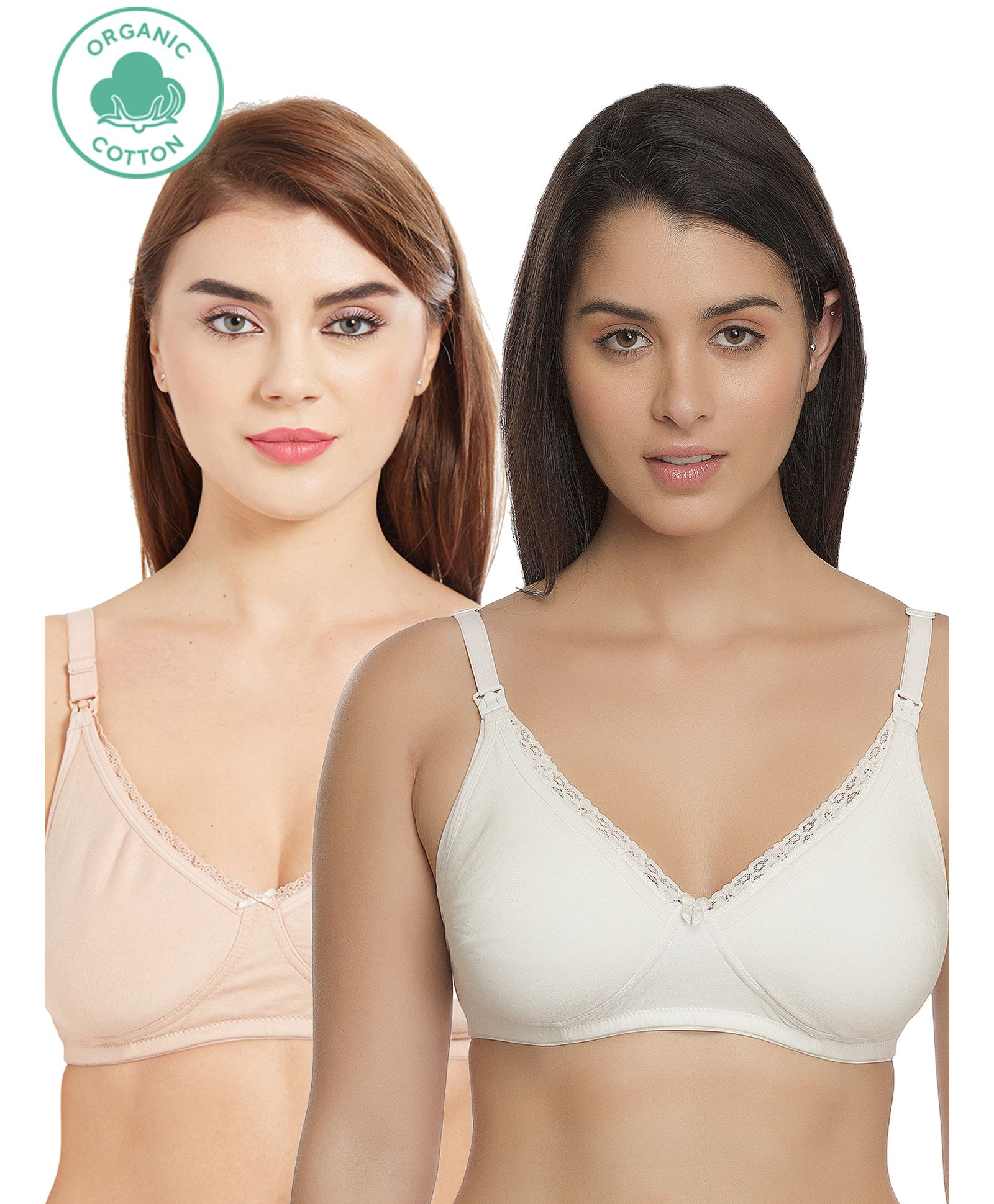 Inner Sense Laced Organic Antimicrobial Nursing Bra Pack of 2 - Beige & White