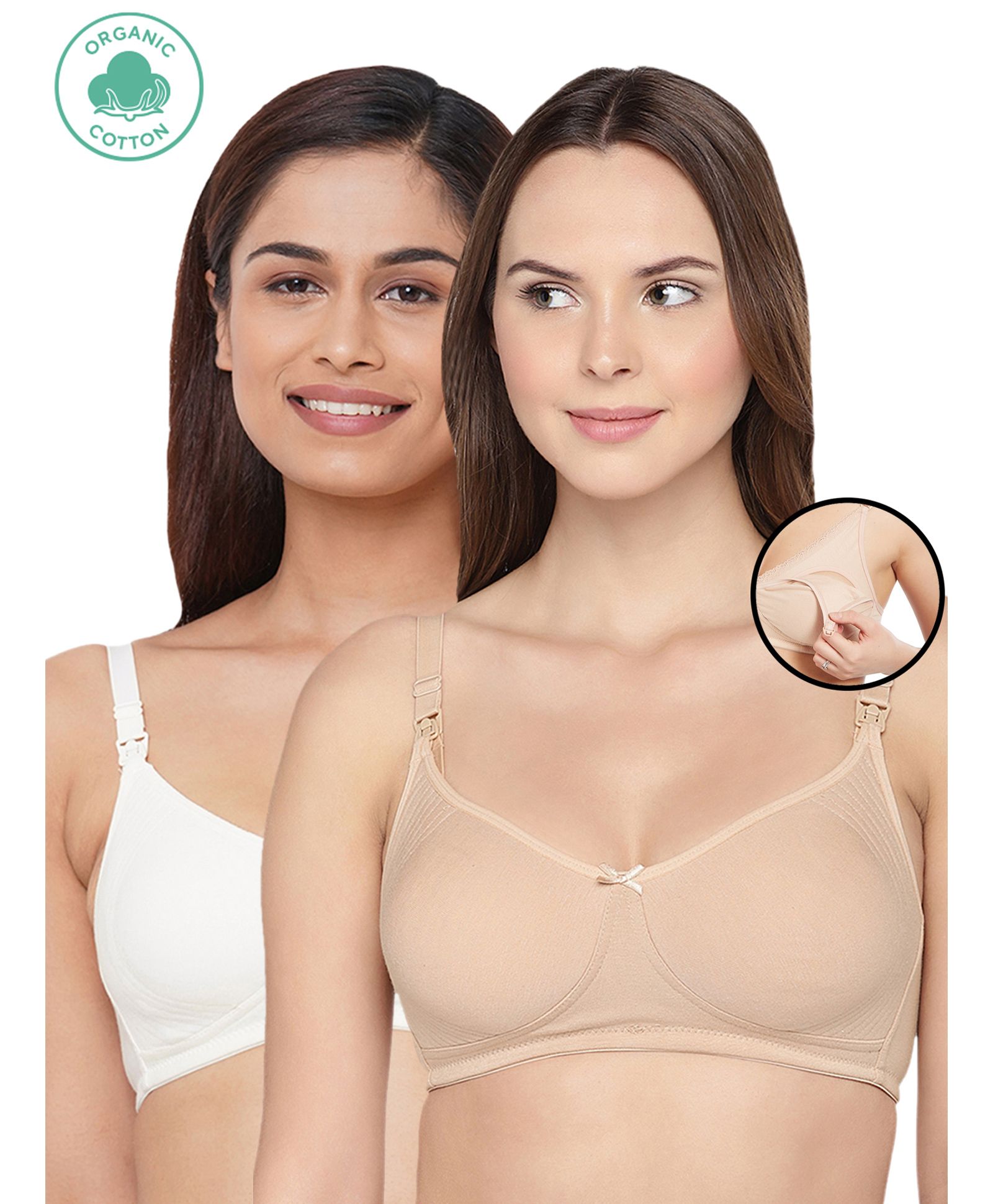 Inner Sense Solid Organic Antimicrobial Feeding Bra Pack of 2 - White & Beige-image-3