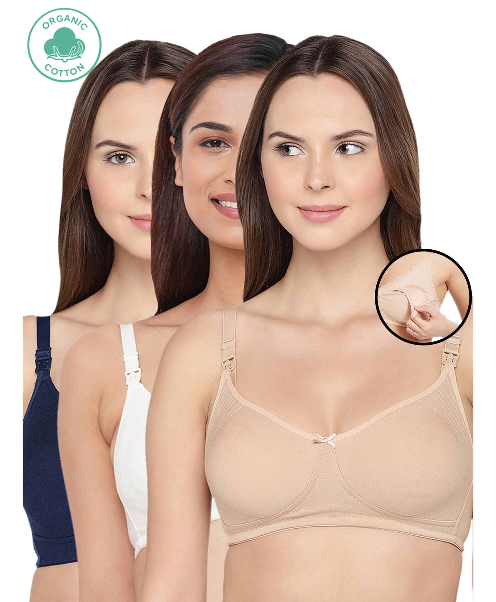 Inner Sense Solid Organic Antimicrobial Feeding Bra Pack of 3 - Blue Beige & White-image-45