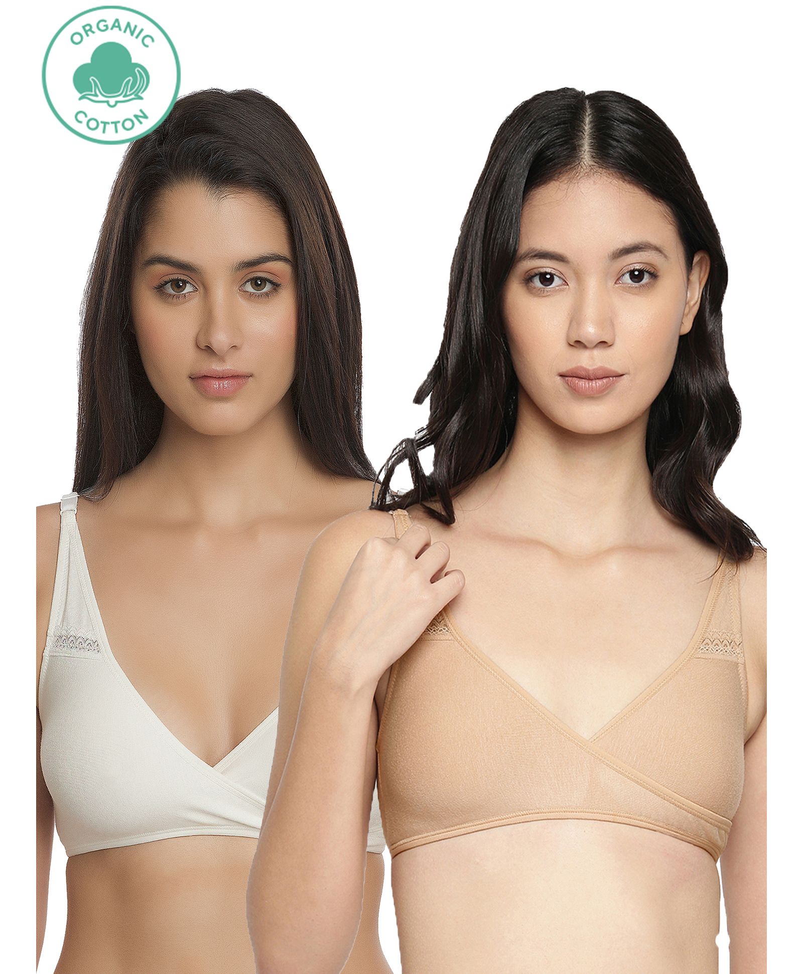 Inner Sense Solid Organic Antimicrobial Sleeping Or Feeding Bra Pack of 2 - Beige & White-image-29