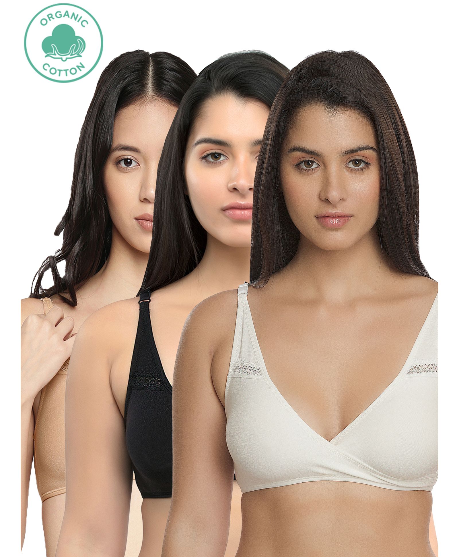 Inner Sense Solid Organic Antimicrobial Sleeping Or Feeding Bra Pack of 3 - Black Beige & White-image-4
