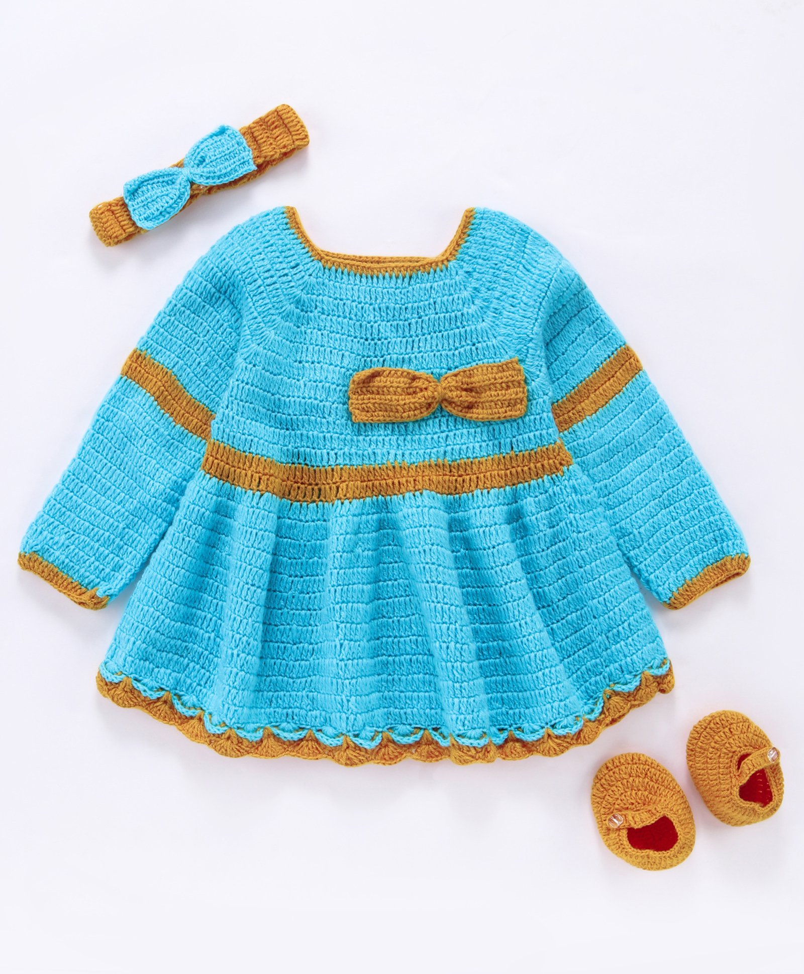 USHA ENTERPRISES Bow Embellished Crochet Handmade Full Sleeves Frock With Booties Hair Band - Blue-picture-25