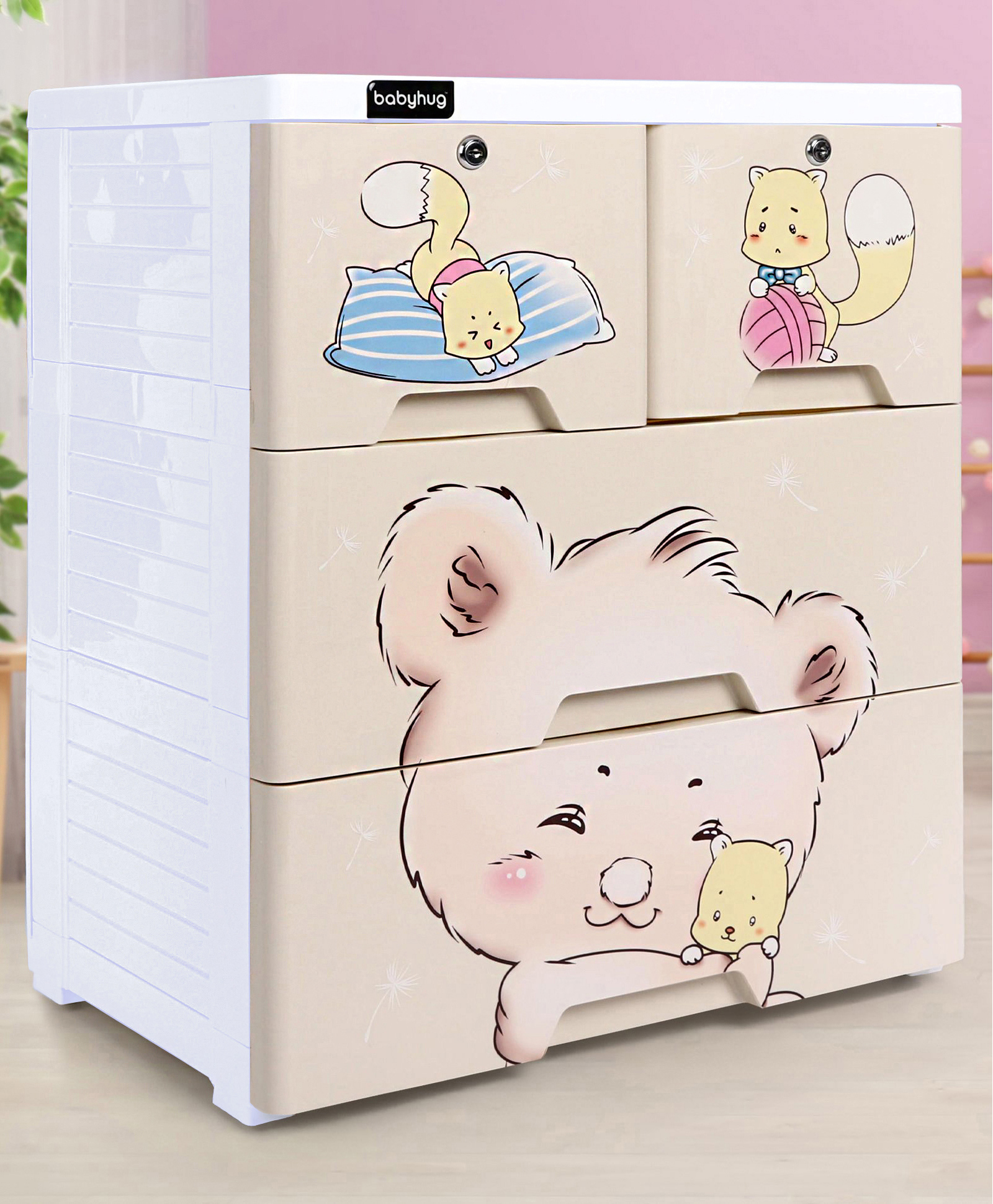 Babyhug 3 Layers High Density Plastic Storage Cabinate Teddy Print With Wheels - Cream-image-44