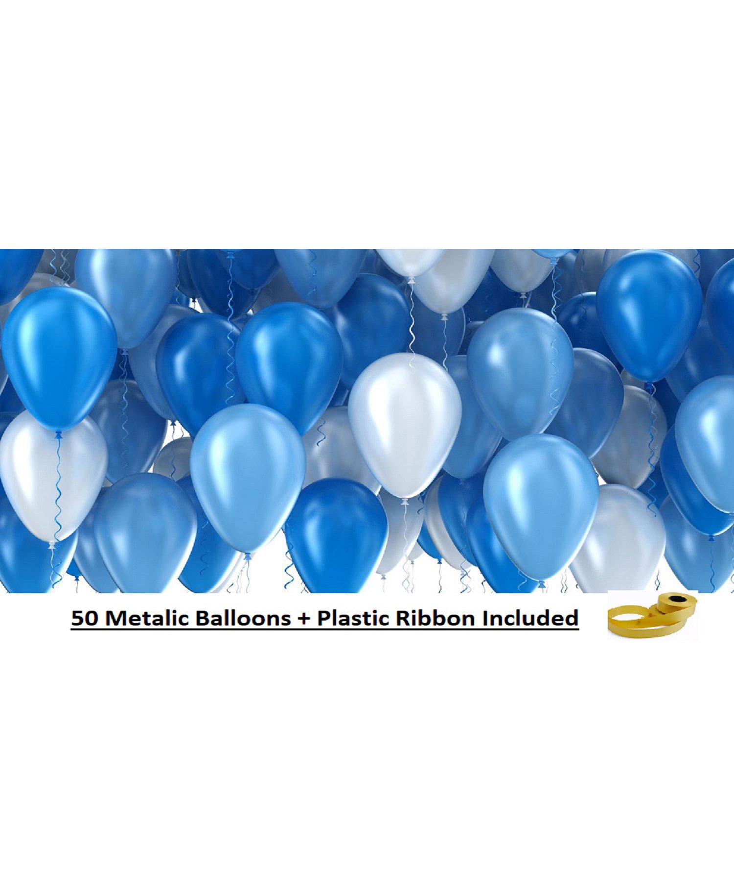 Shopperskart Metallic Balloons With Plastic Ribbons Blue & White - Pack Of 50-image-4