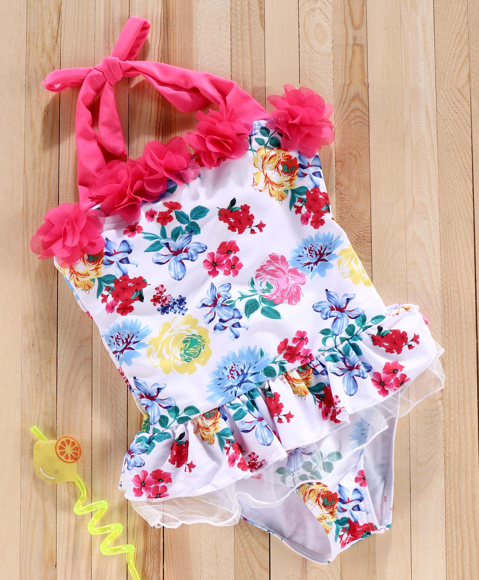Babyhug Sleeveless V Cut Swim Suit Floral Print - White Pink-image-15