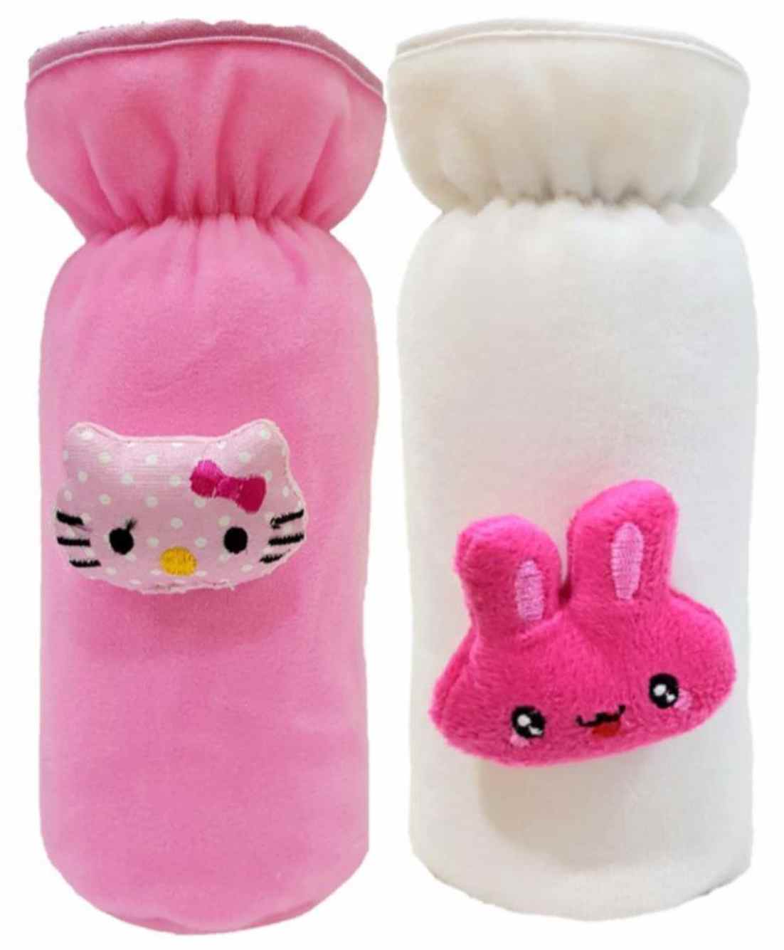 Brandonn Velvet Shearing Soft Bottle Cover With Motif White Pink Pack of 2 - Fits upto 250 ml each-picture-25