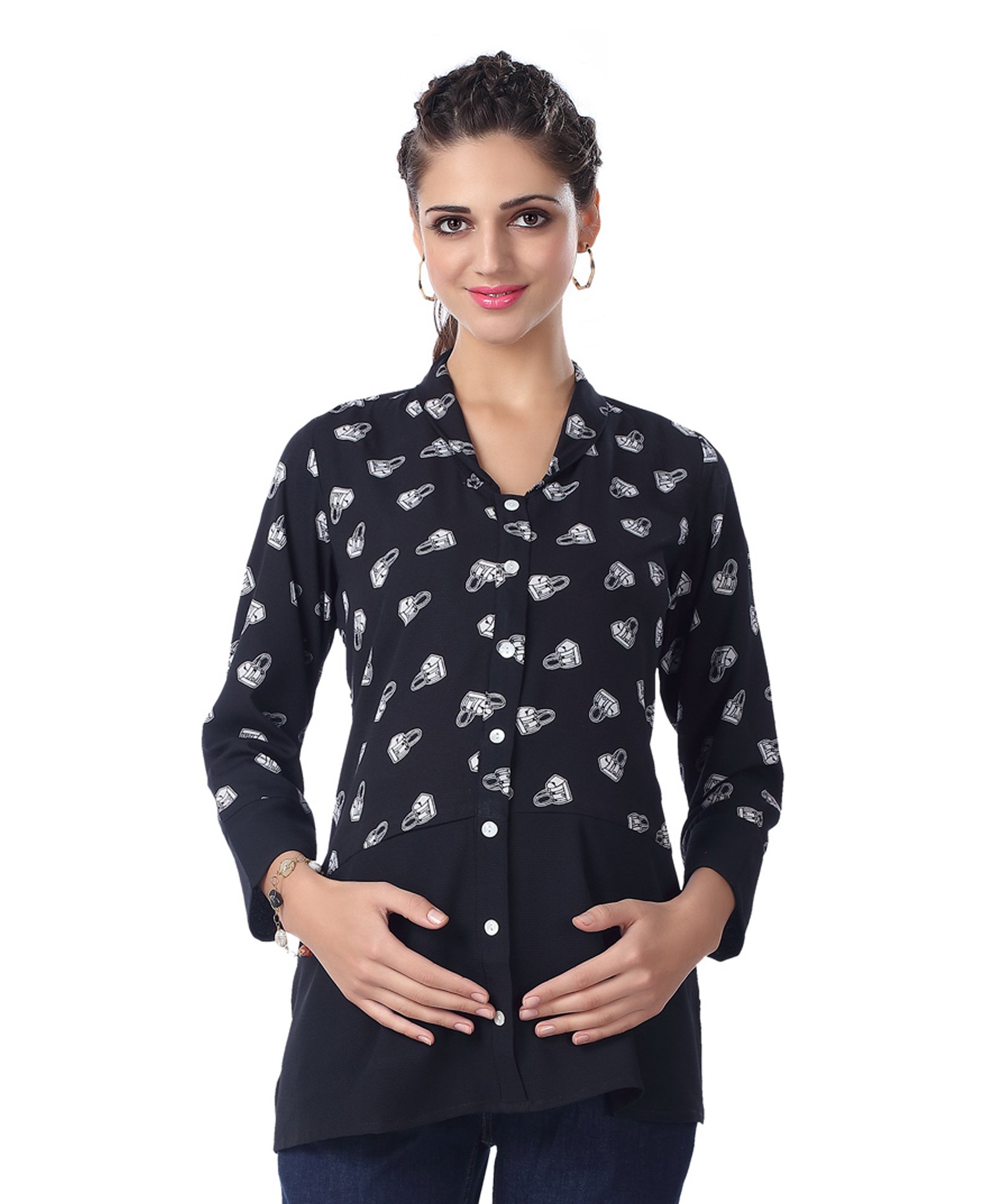 Kriti Full Sleeves Maternity Top Hand Bag Print - Black-image-32