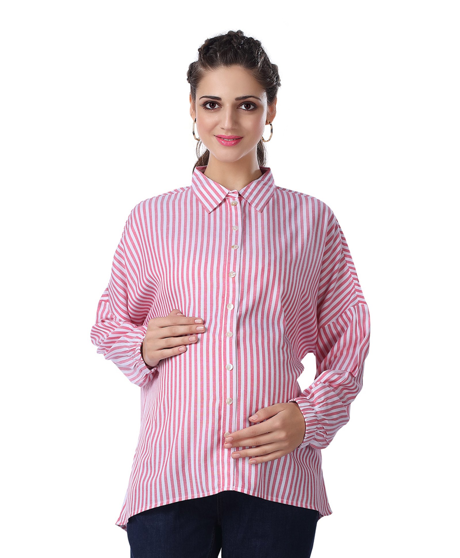Kriti Full Sleeves Striped Maternity Shirt - Pink White-picture-13