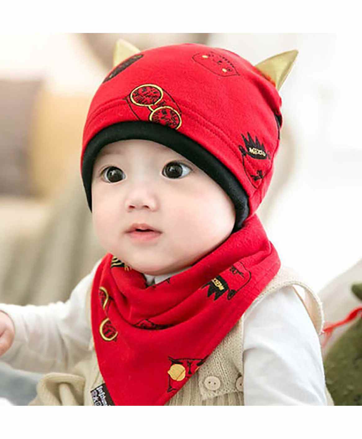 Syga Knitted Printed Cap With Scarf - Red