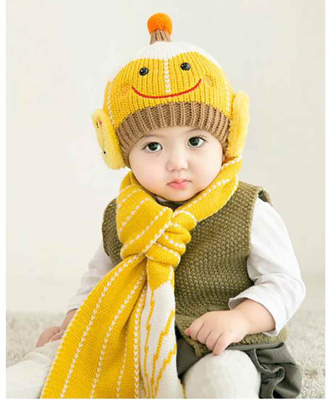 Syga Knitted Cap With Scarf Set Yellow - Diameter 17.5 cm-image-19