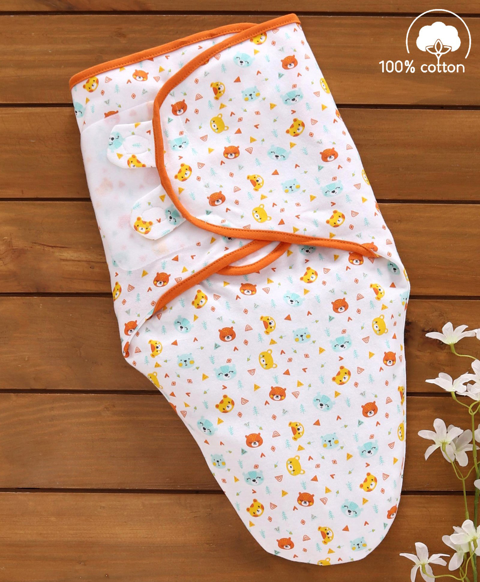 Babyhug Cotton Swaddle Wrapper Bear Print -  Orange & White-image-7
