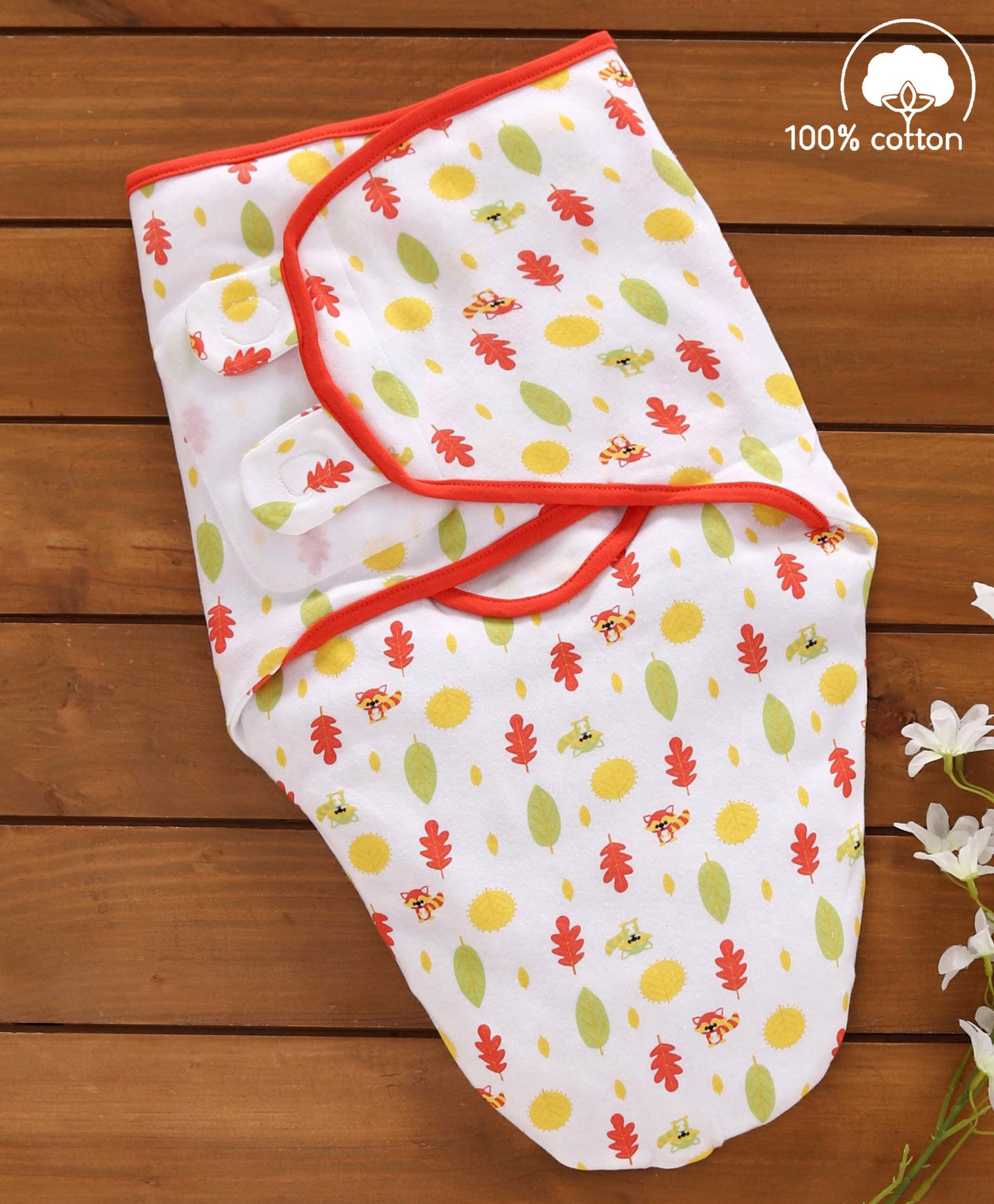 Babyhug Cotton Swaddle Wrapper Leaf Print - White & Orange-image-8