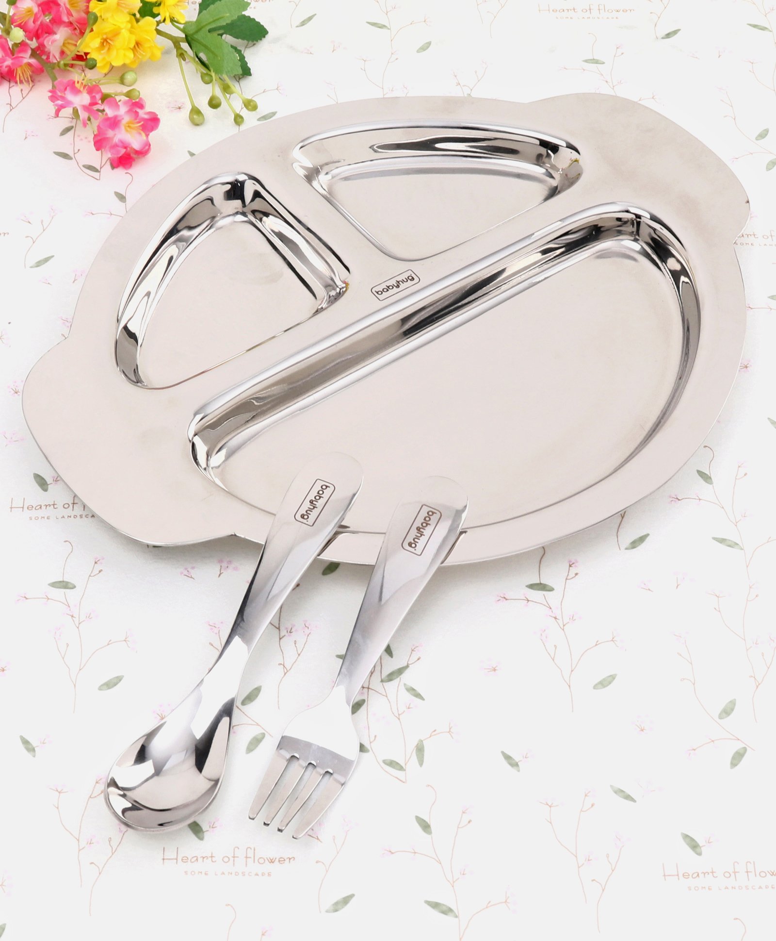 Babyhug Stainless Steel Section Plate Set With Spoon And Fork - Silver-picture-27