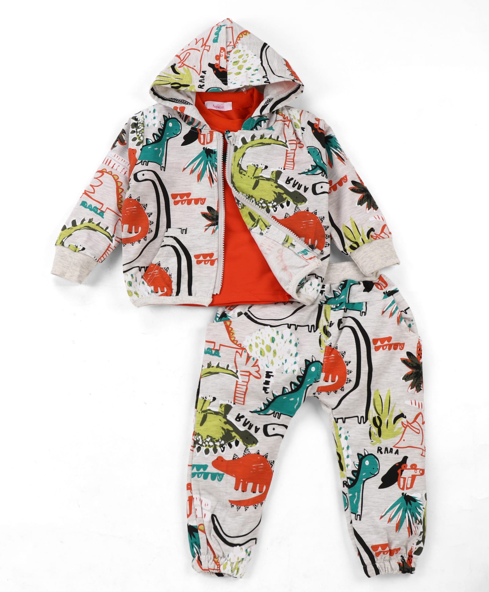 Kookie Kids Cotton Full Sleeves Tee With Hooded Jacket & Lounge Pant Animal Print - White & Red-image-7