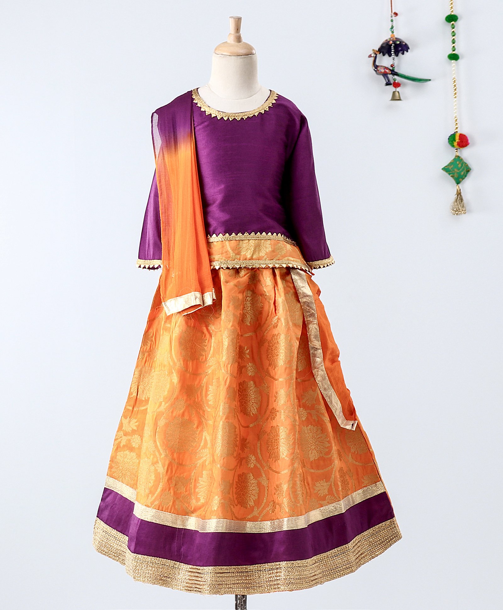 Bownbee Three Fourth Sleeves Choli With Brocade Lehenga & Dupatta Set - Purple Orange-image-26
