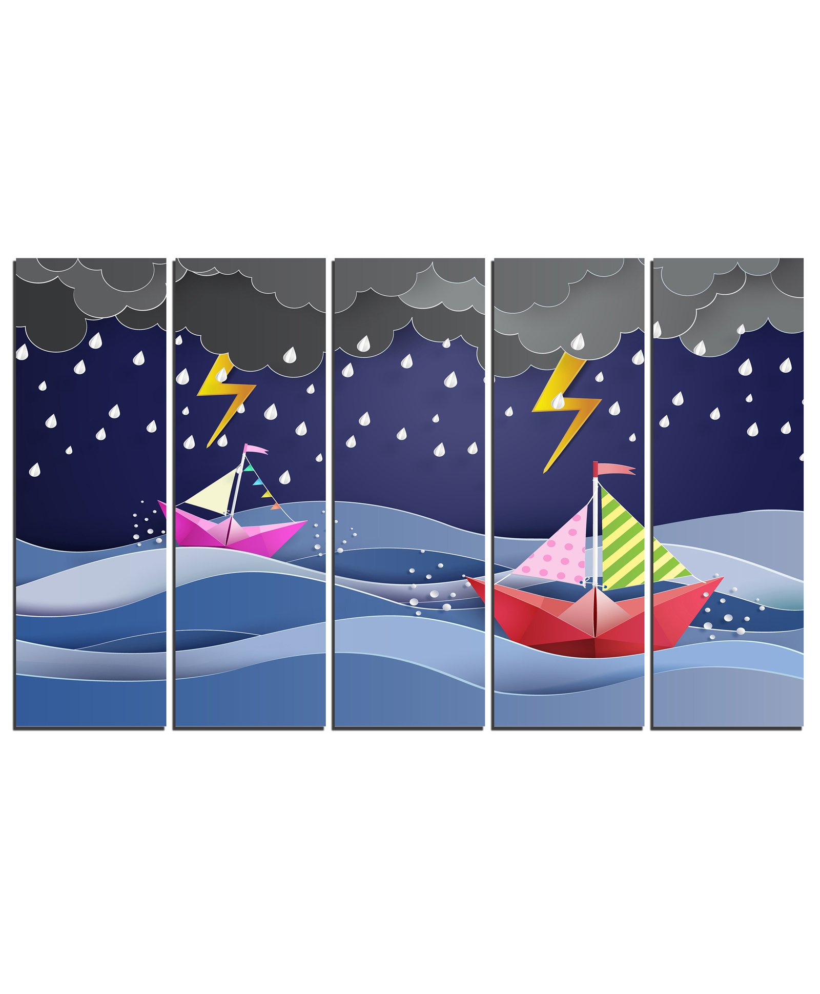 Wens Sailing Boat 5 Panels Velvet Laminated Wall Art - Multicolor-image-49