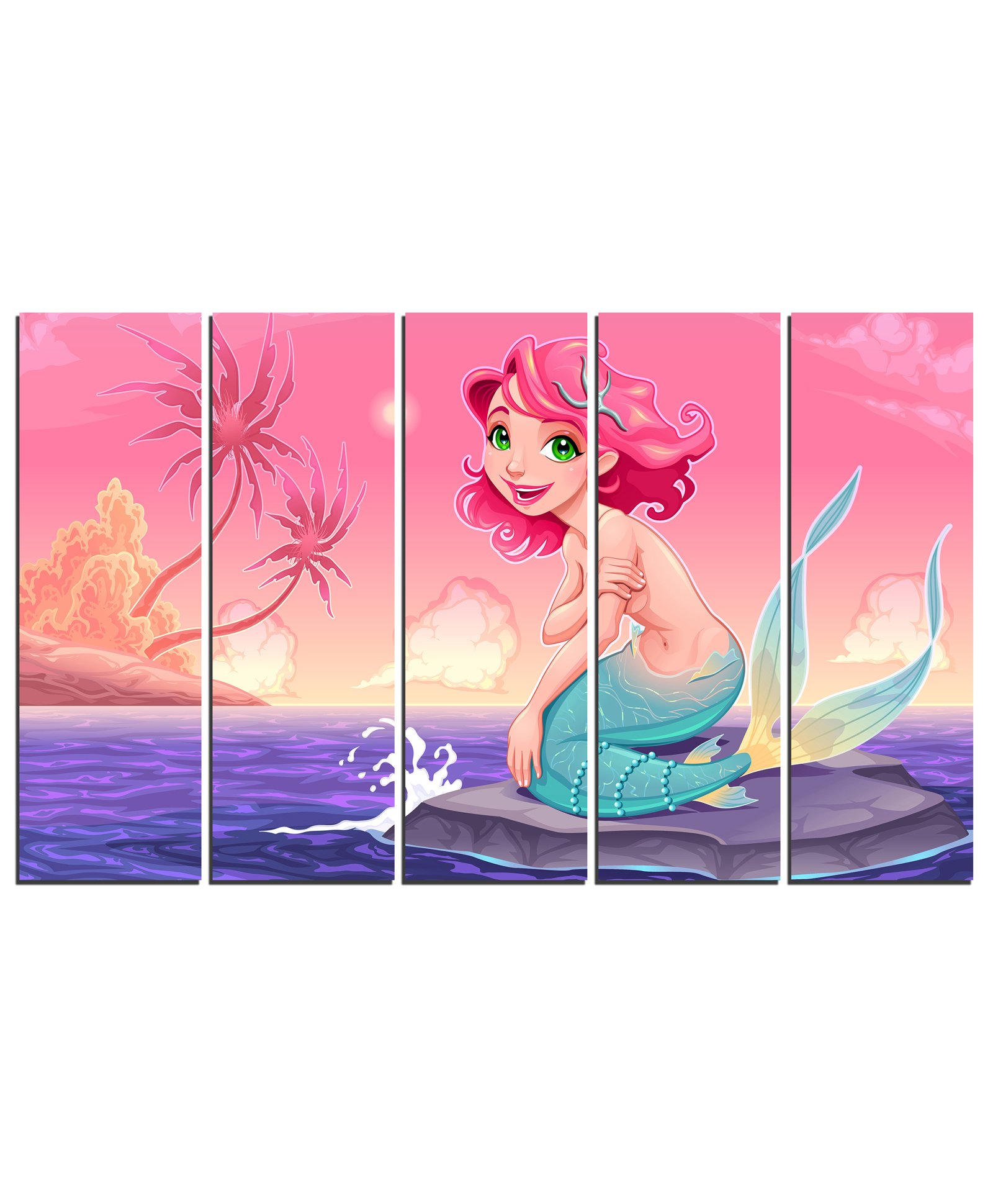 Wens Cute Mermaid 5 Panels Velvet Laminated Wall Art - Pink-image-5
