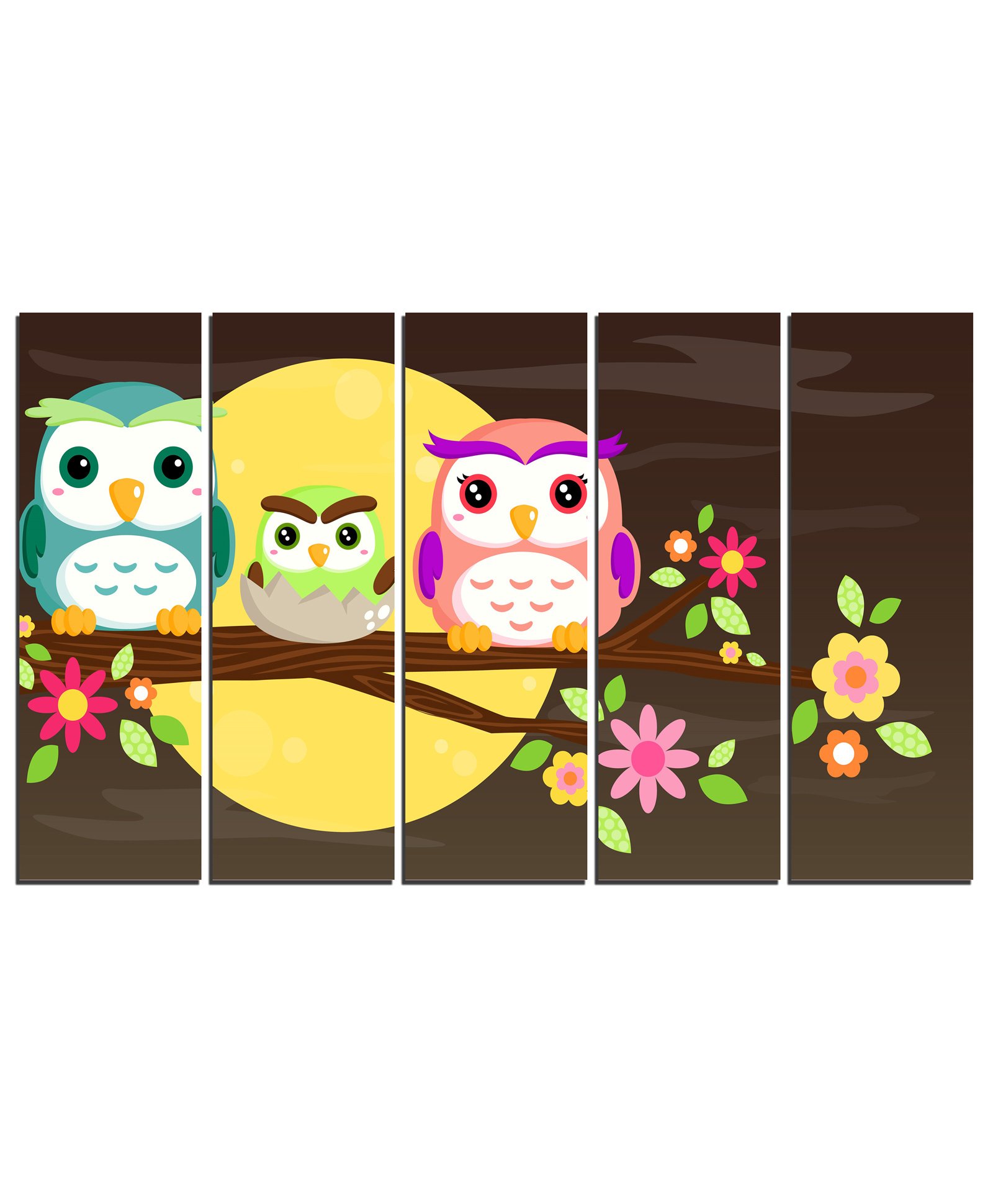 Wens Cute Owl Family Velvet Laminated Wall Art With 5 Panels - Multicolor-image-3
