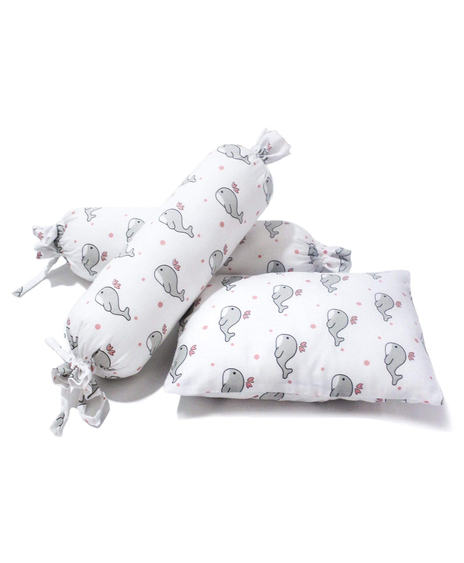 The White Cradle Cot Pillow and 2 Bolsters Set with Fillers Whale Print - Grey-image-29