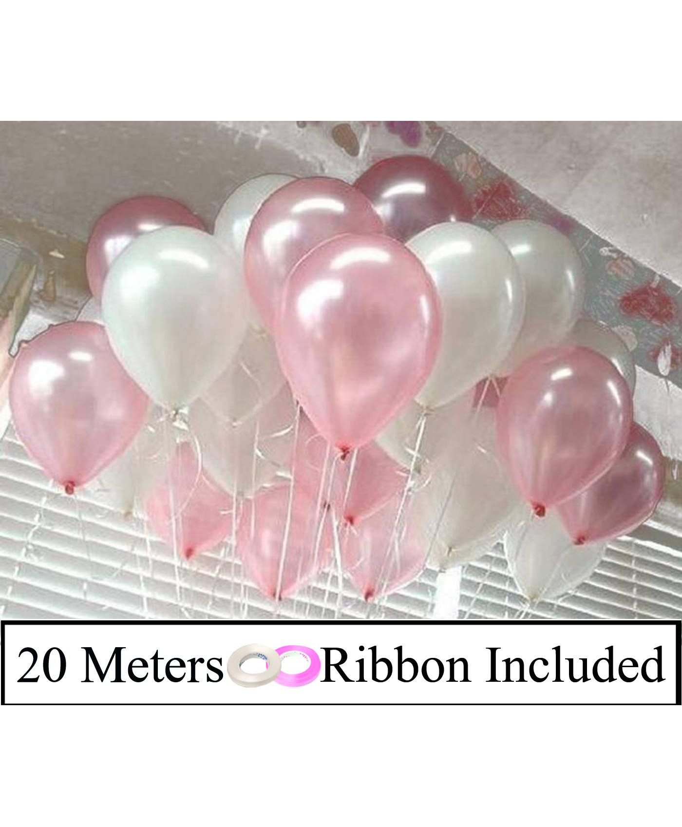 Amfin Metallic Latex Balloons With Ribbons Pack of 52 - White Pink-picture-38
