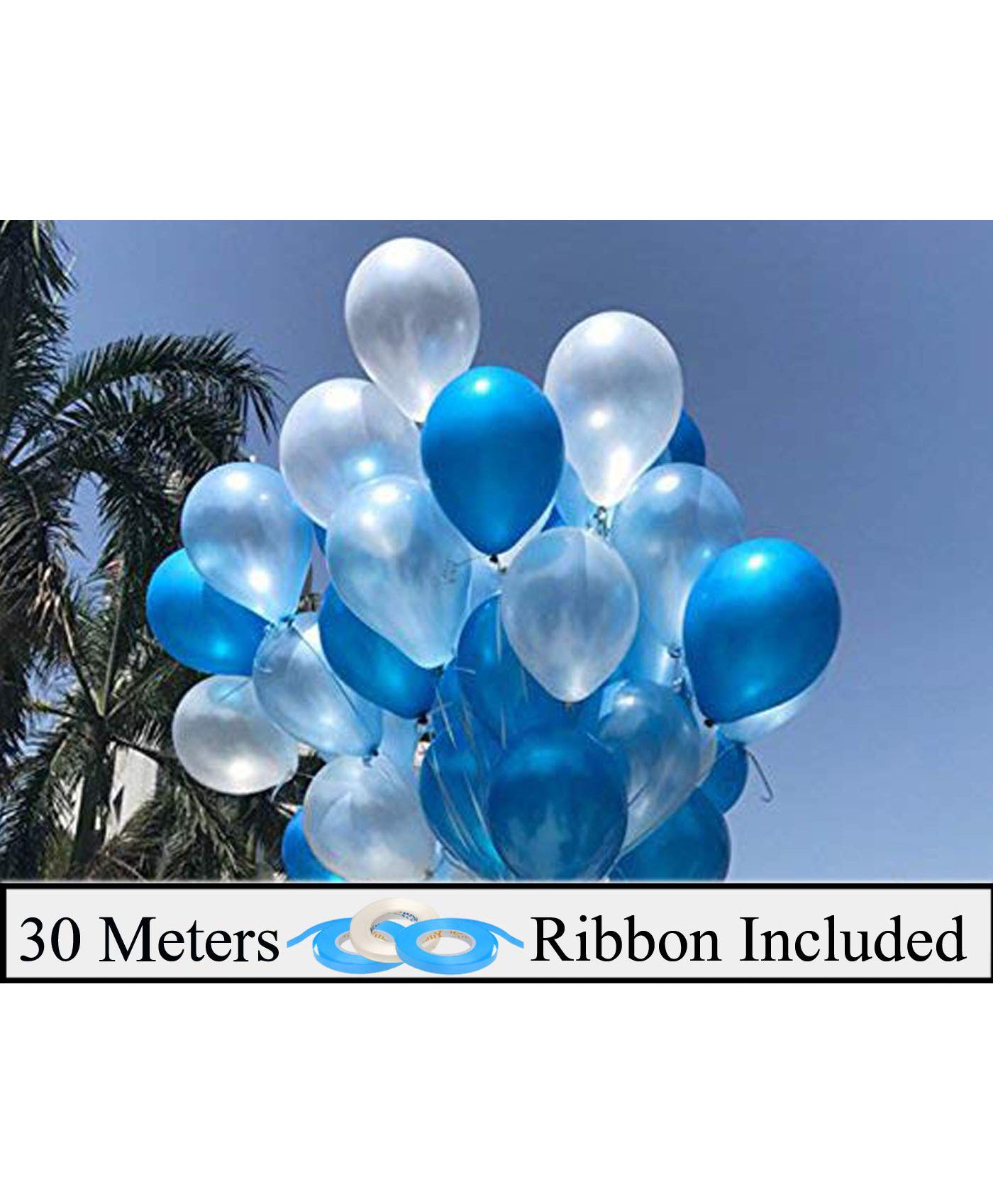 Amfin Metallic Latex Balloons With Ribbons Blue & White - Pack of 53-picture-49