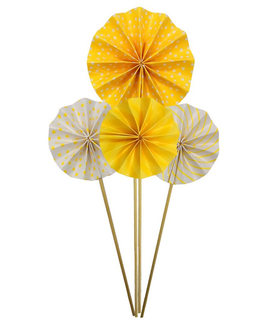 Amfin Paper Fan Design Cake Toppers Yellow - Pack of 4