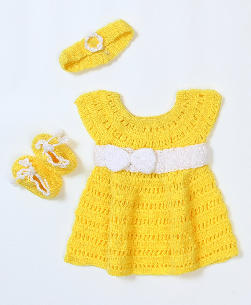 USHA ENTERPRISES Short Sleeves Solid Dress With Headband & Booties - Yellow-image-8