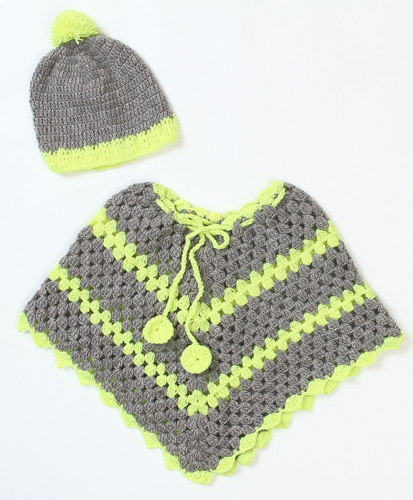 USHA ENTERPRISES Striped Half Sleeves Poncho With Cap - Lemon Green-picture-24