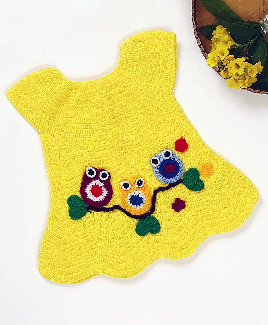 USHA ENTERPRISES Short Sleeves Owl Patch Scallop Trimmed Dress - Yellow-image-21