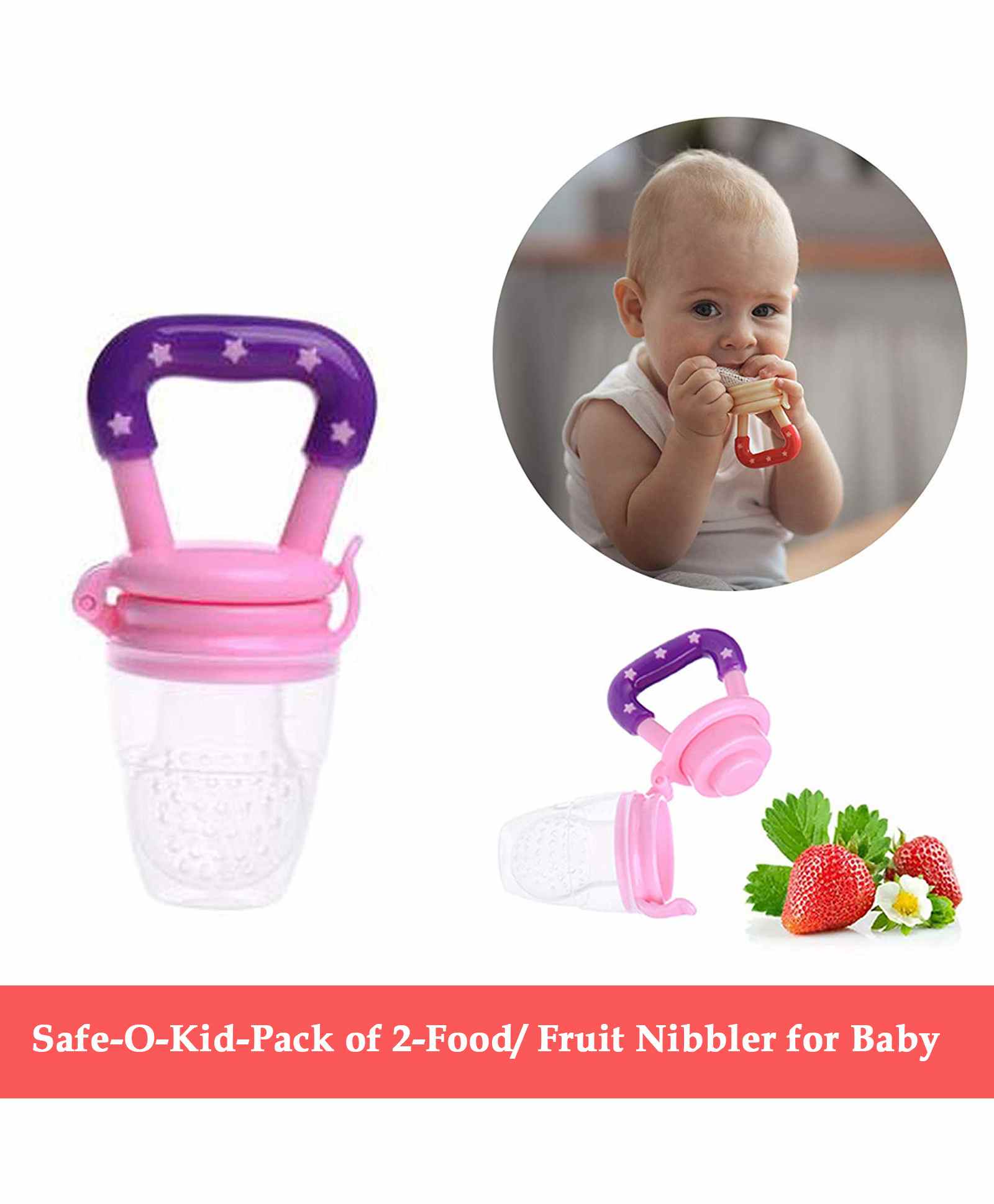 Safe-O-Kid Medium Size Silicone Fruit and Food Nibbler Pack of 2 - Pink-image-43