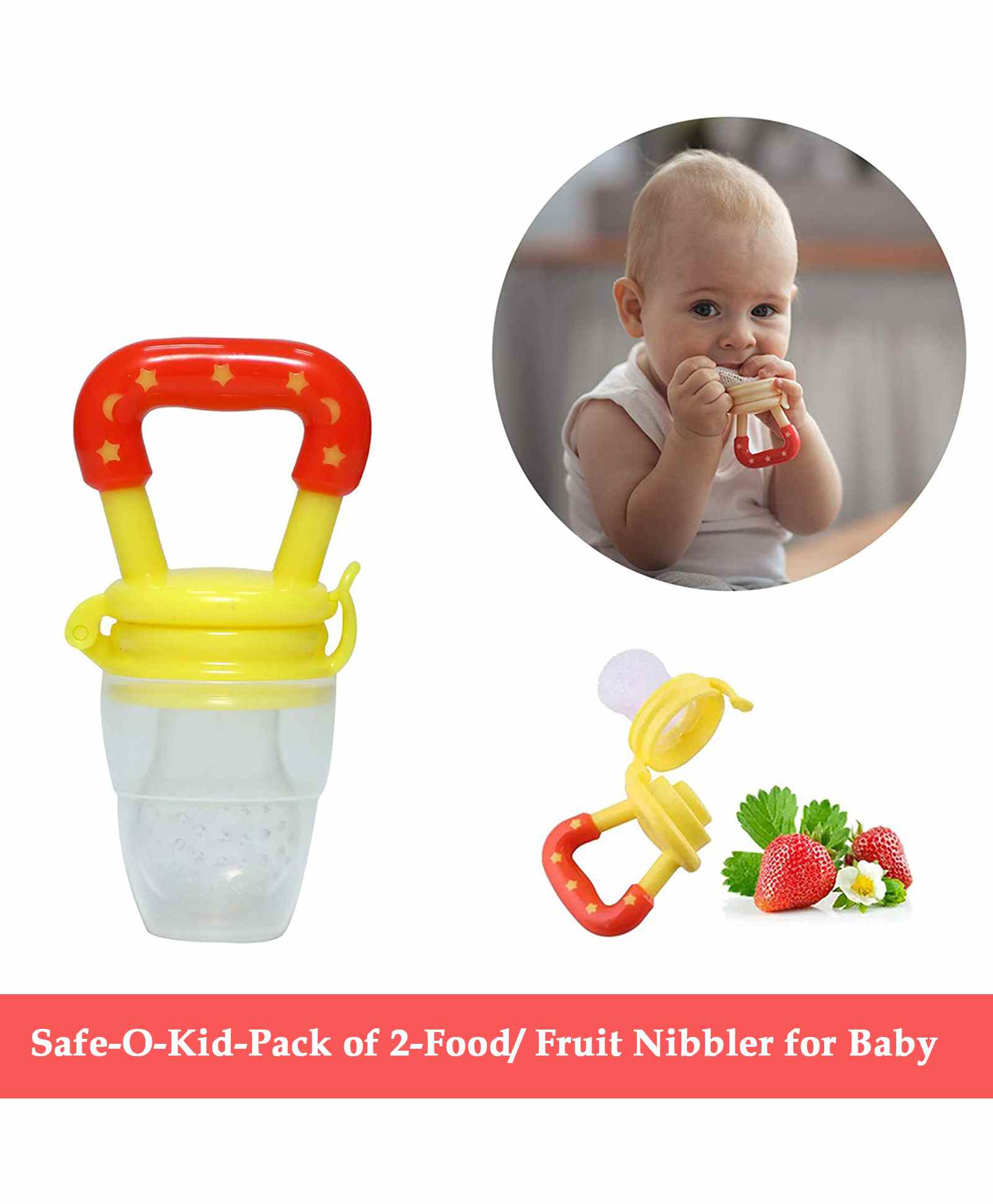 Safe-O-Kid Large Size Silicone Fruit and Food Nibbler Pack of 2  - Yellow Red-image-12