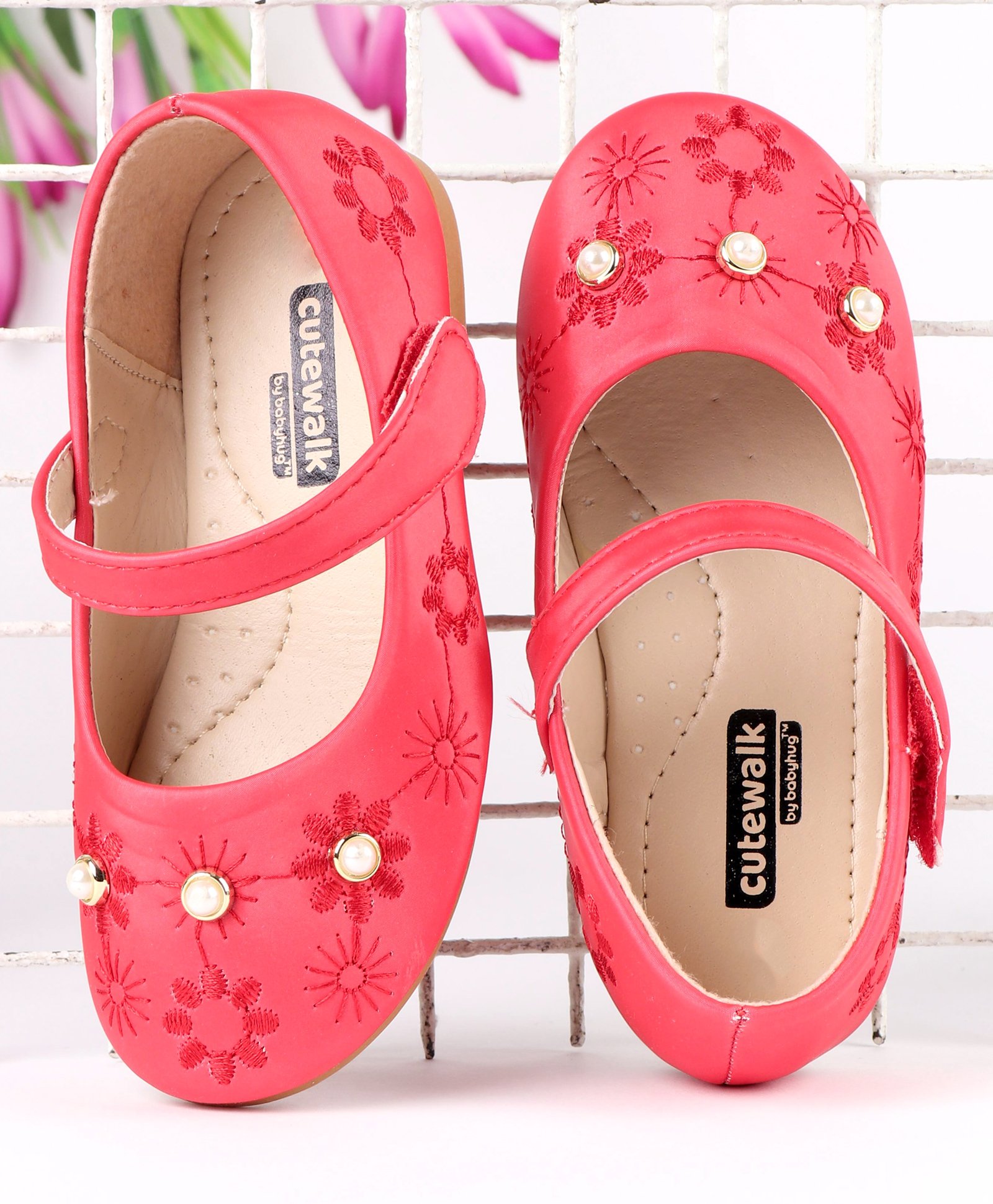 Cute Walk by Babyhug Party Wear Belly Shoes Bead Detailing - Red-image-35