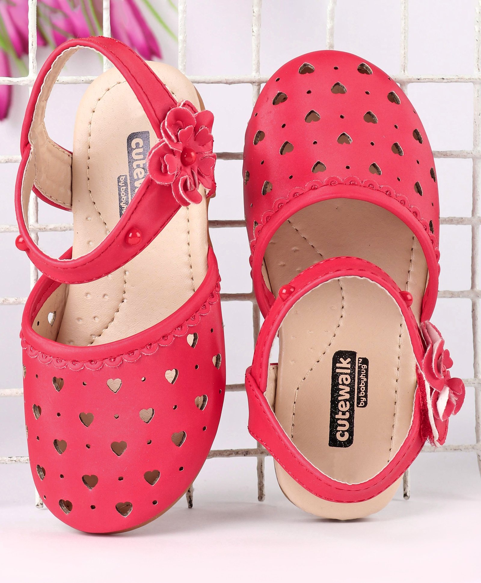 Cute Walk by Babyhug Party Wear Belly Shoes Floral Applique - Red-image-37