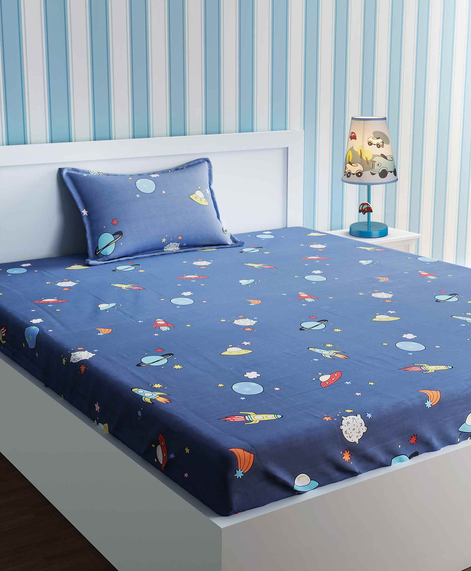 Urban Dream Single Bed Sheet With Pillow Cover Space Print Blue