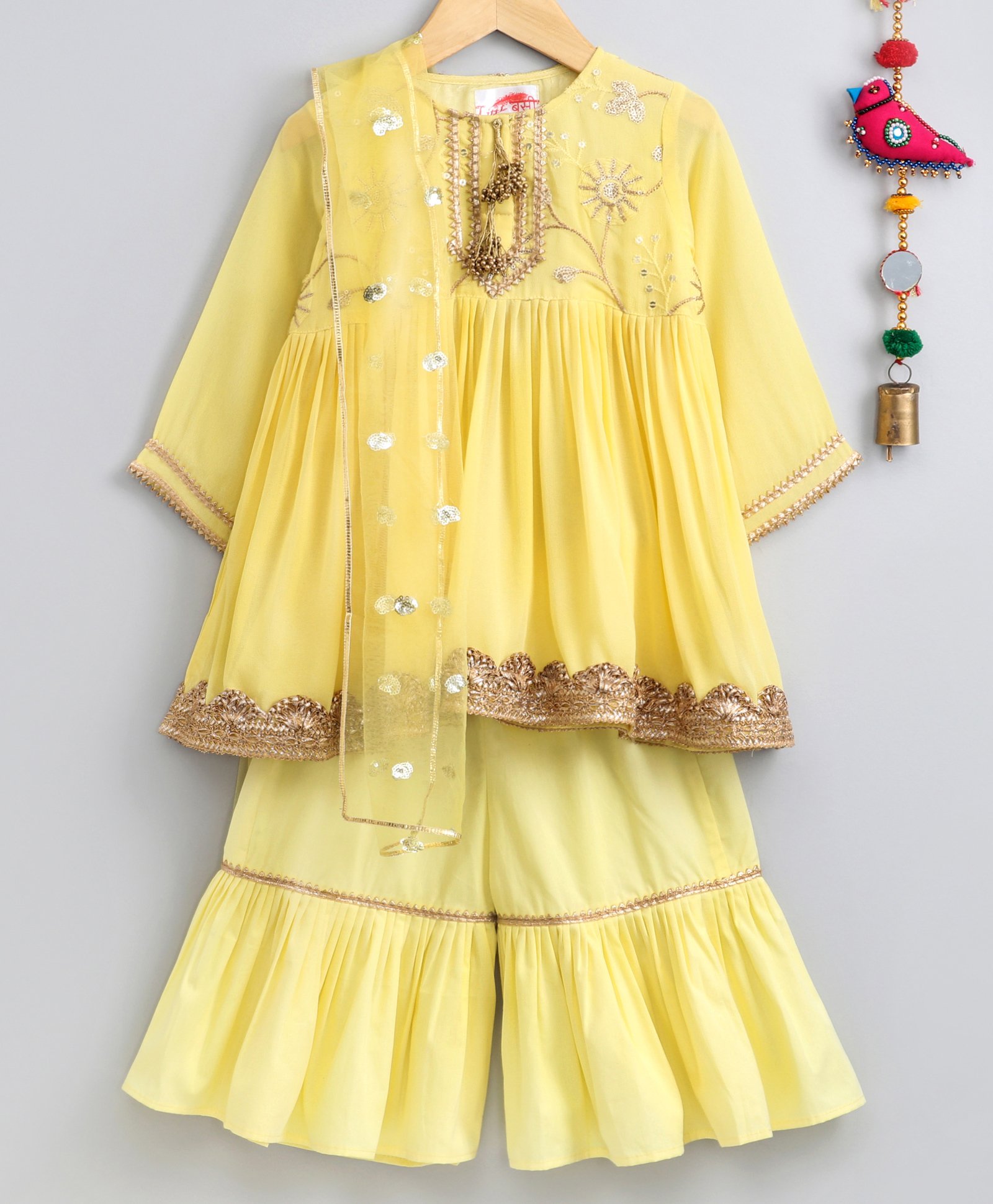Little Bansi Three Fourth Sleeves Gotta Patti Work Kurta & Sharara With Dupatta - Yellow-image-3