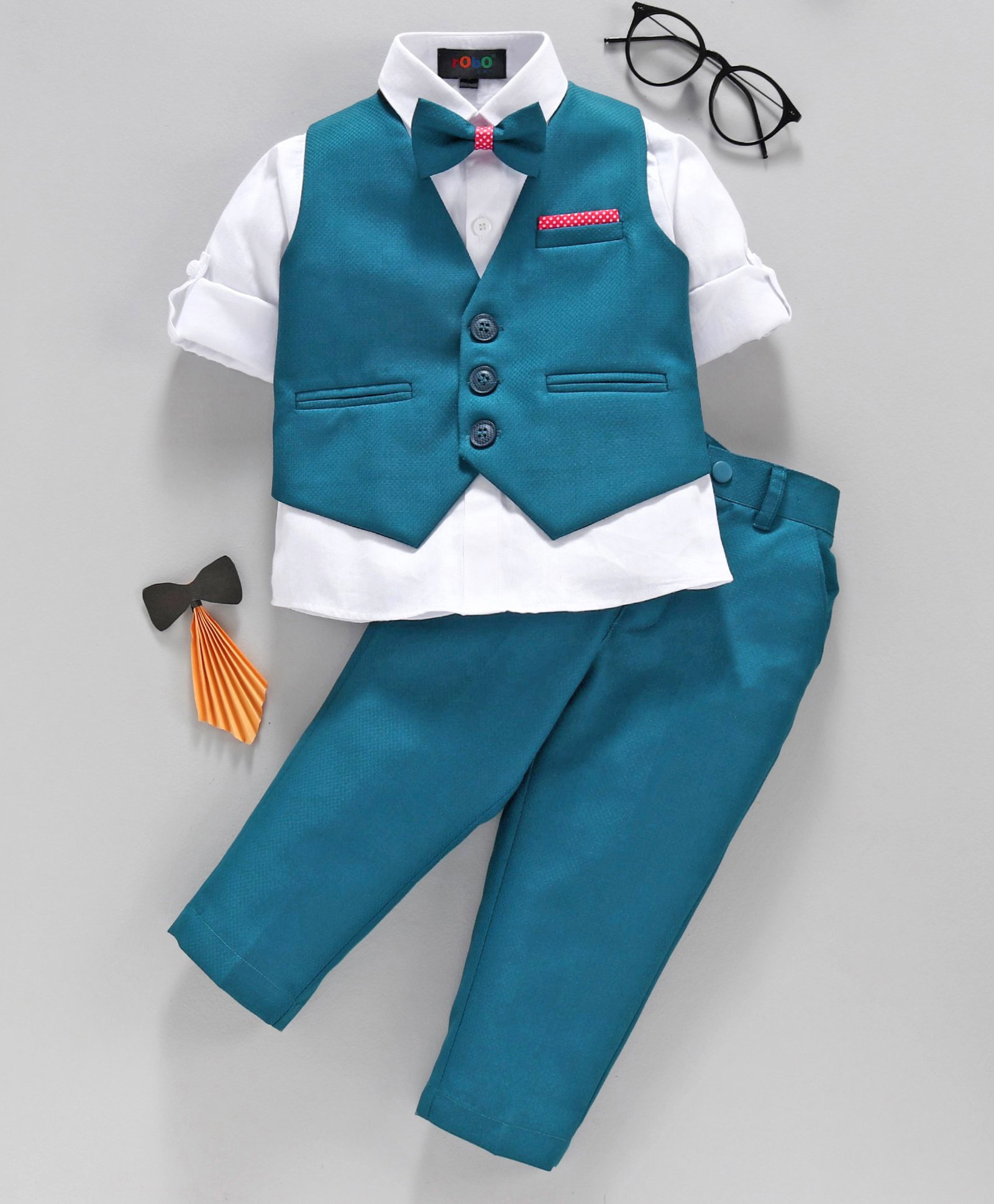 Robo Fry 3 Piece Party Suit With Bow - White Teal Blue-picture-23