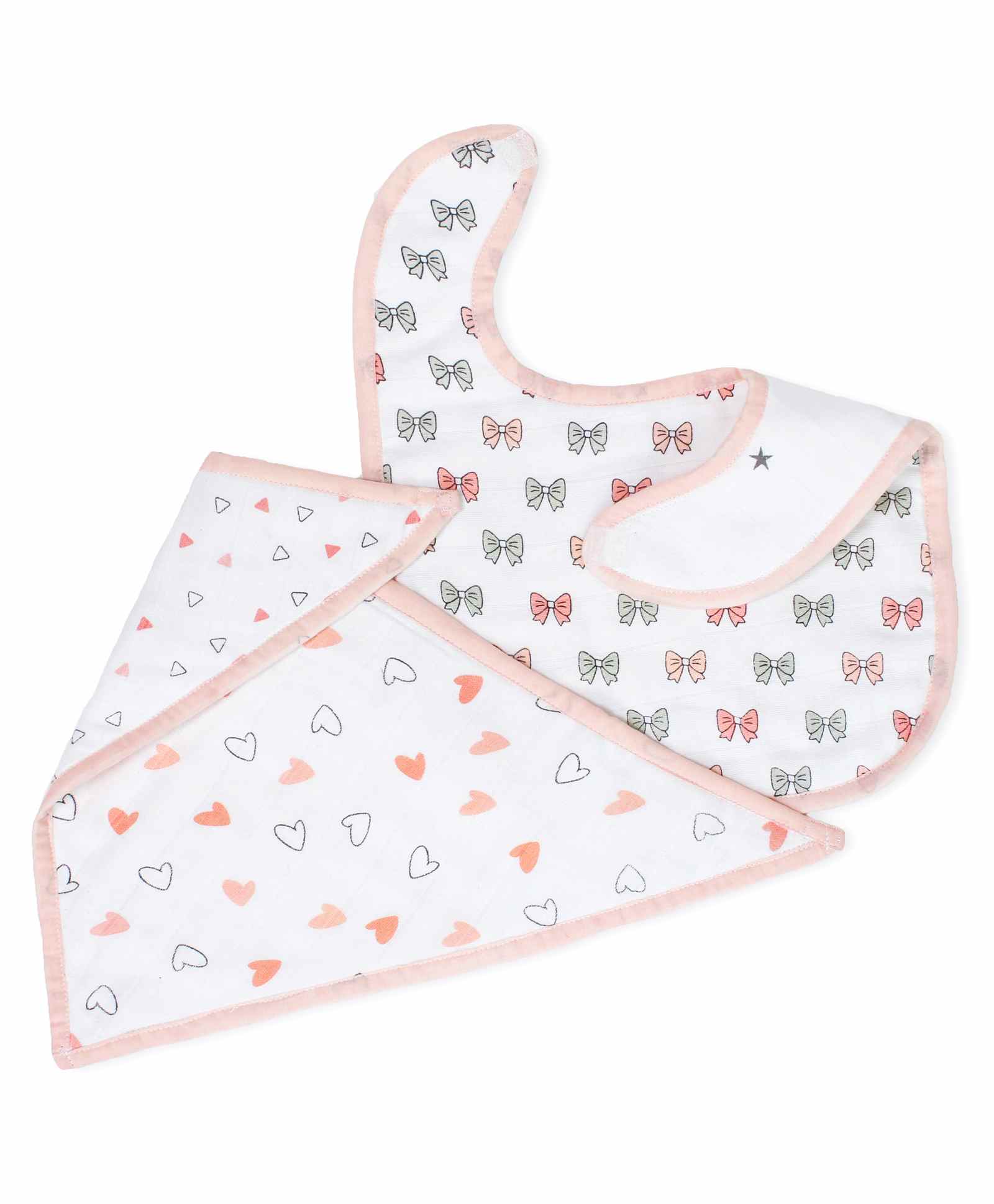 The White Cradle 100% Organic Cotton Feeding Bibs Bow & Heart Print Pack of 2 - Off White Peach-image-41