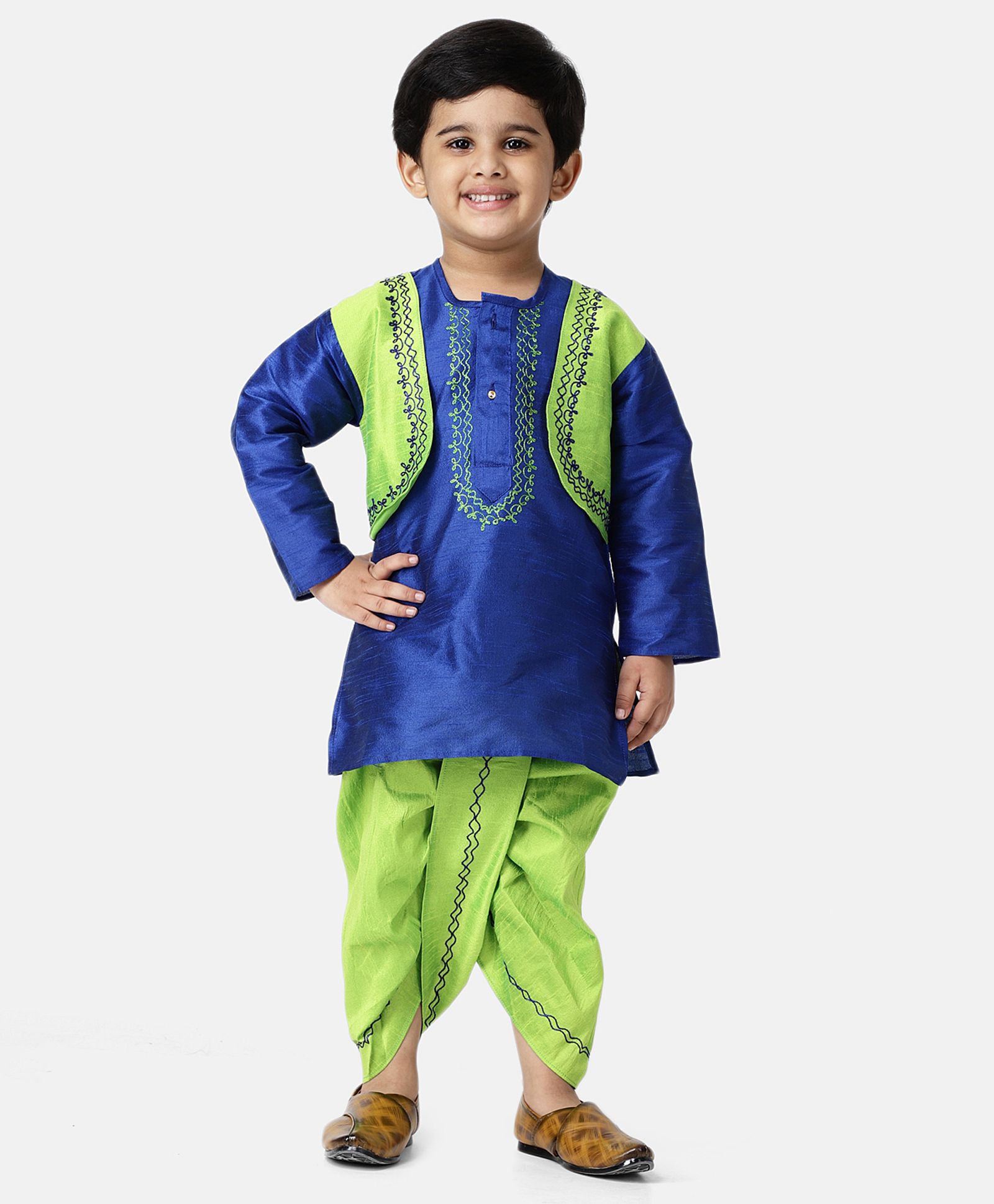 BownBee Full Sleeves Kurta With Attached Embroidered Jacket & Dhoti - Blue-picture-25