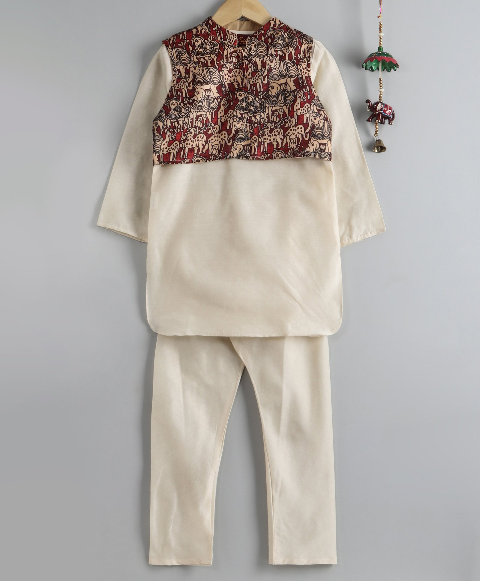 Twisha Full Sleeves Kurta With Elephant Print Jacket & Pyjama - Cream-picture-25