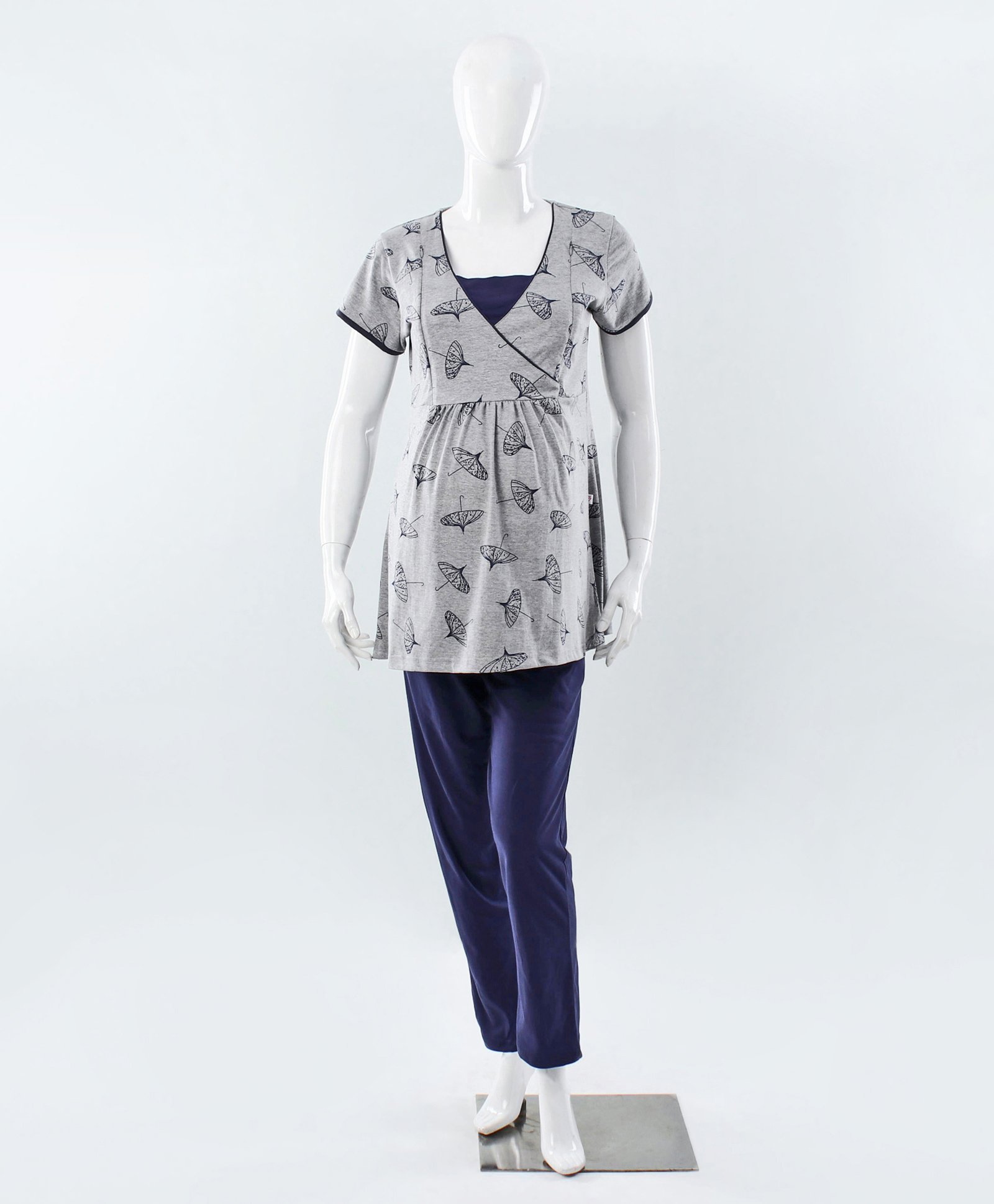 Kriti Half Sleeves Maternity Nursing Night Suit Umbrella Print - Grey Blue-image-22