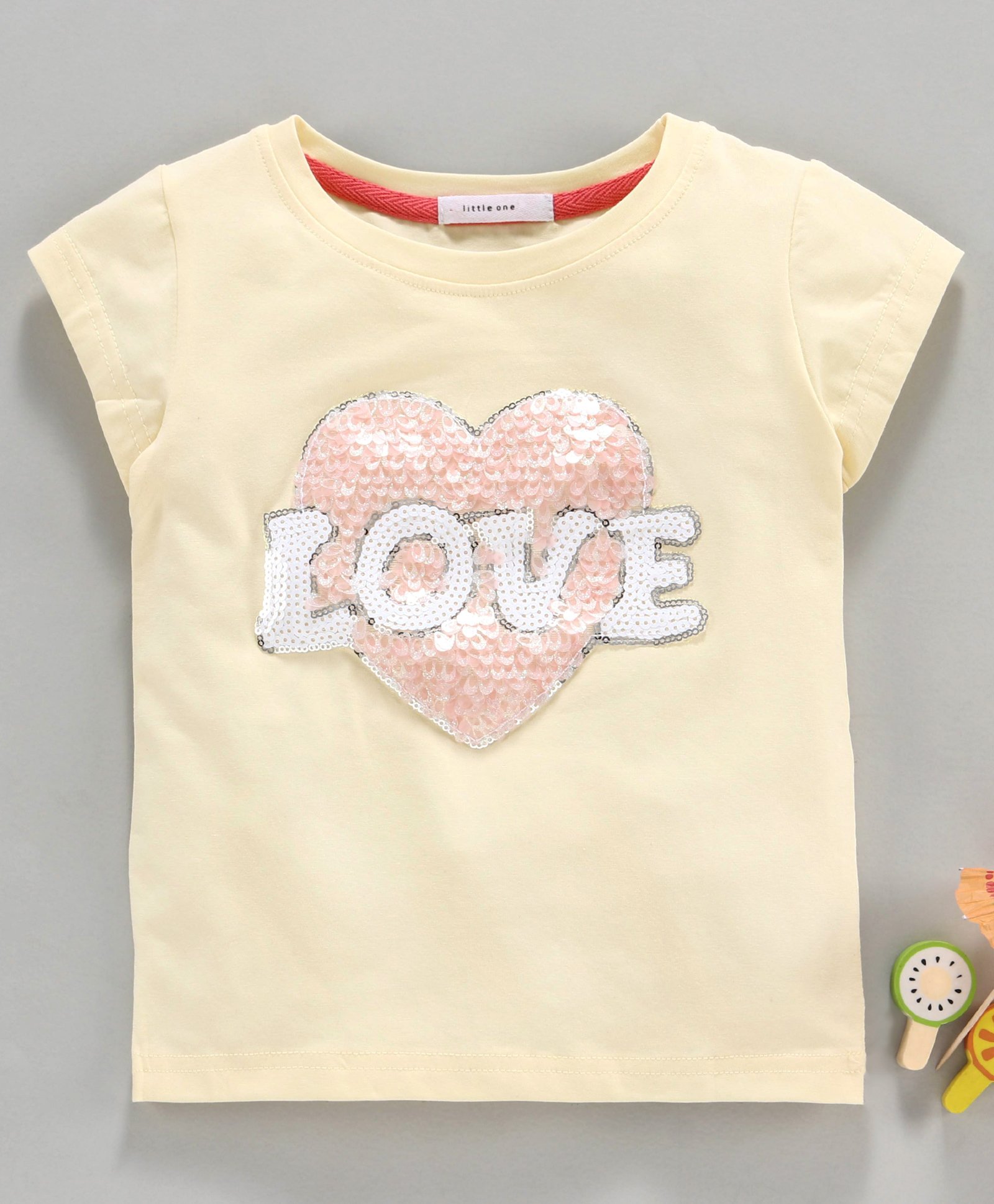 Little One Short Sleeves Top Love Sequin Patch - Cream-image-48