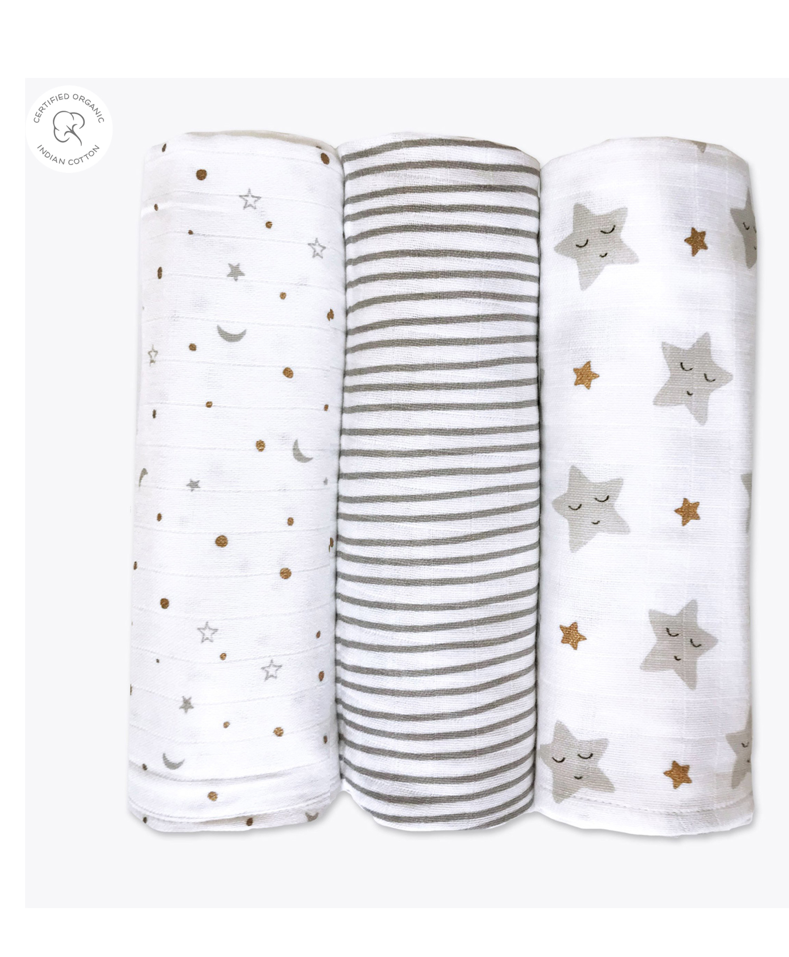 Masilo Organic Muslin Swaddle Wrapper Star Print Pack of 3 - White Grey-image-34