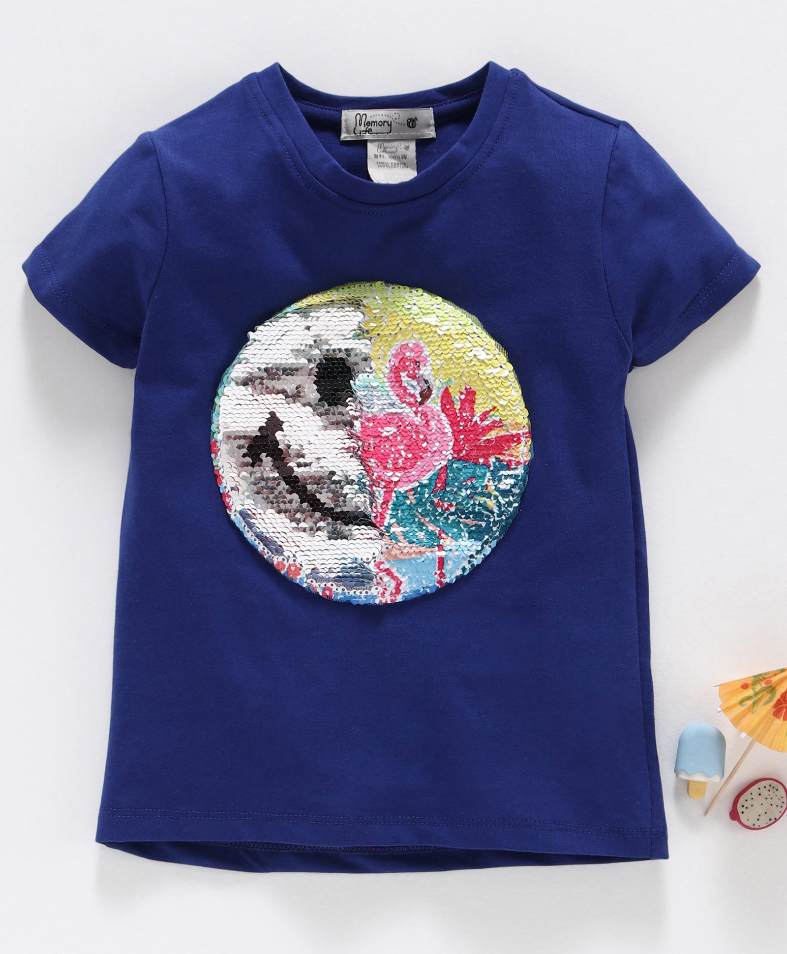 Memory Life Half Sleeves Tee 2 in 1 Design Changing Sequin Patch - Royal Blue-picture-13