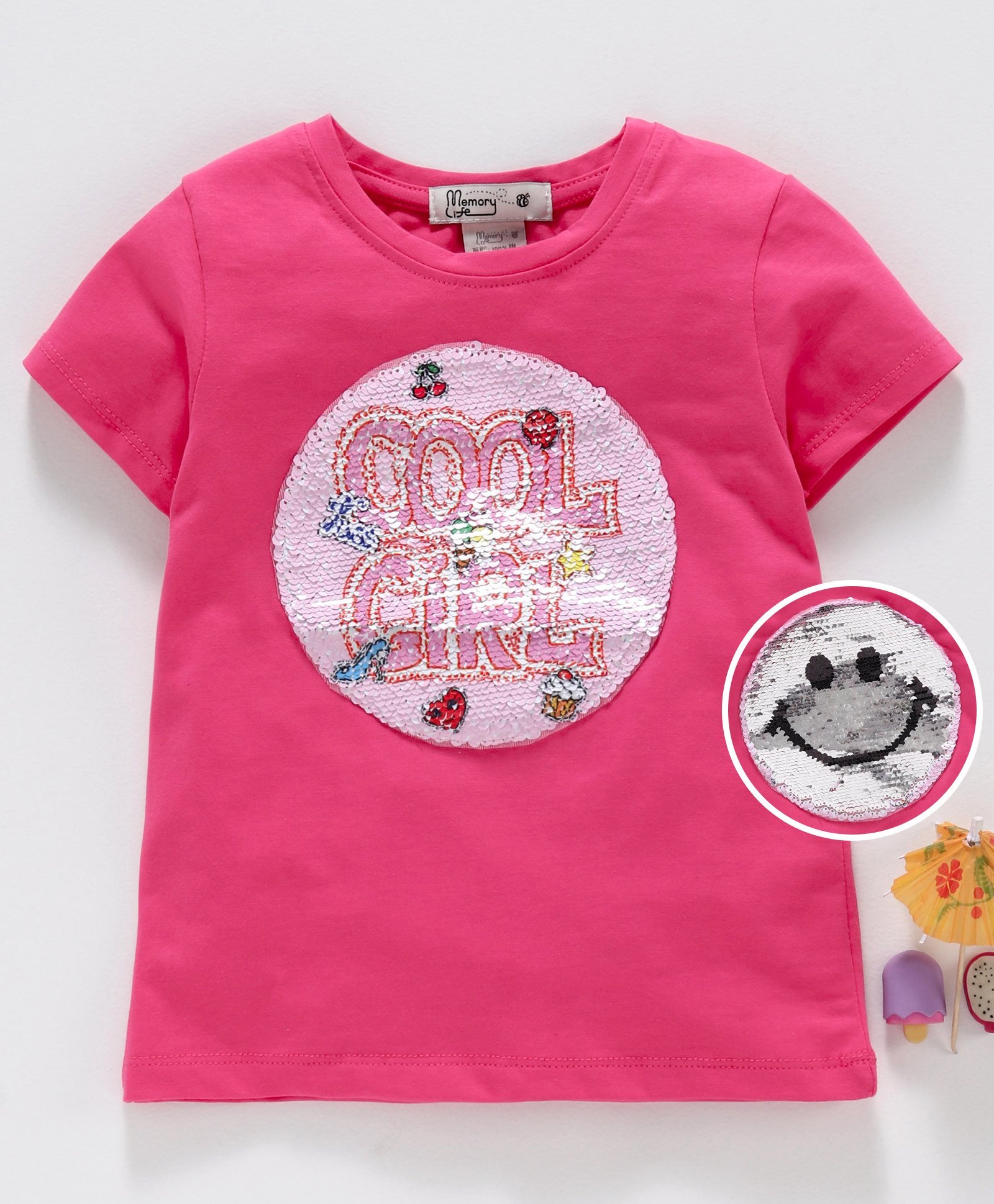 Memory Life Half Sleeves Tee 2 in 1 Design Changing Sequin Patch - Fuchsia-picture-29